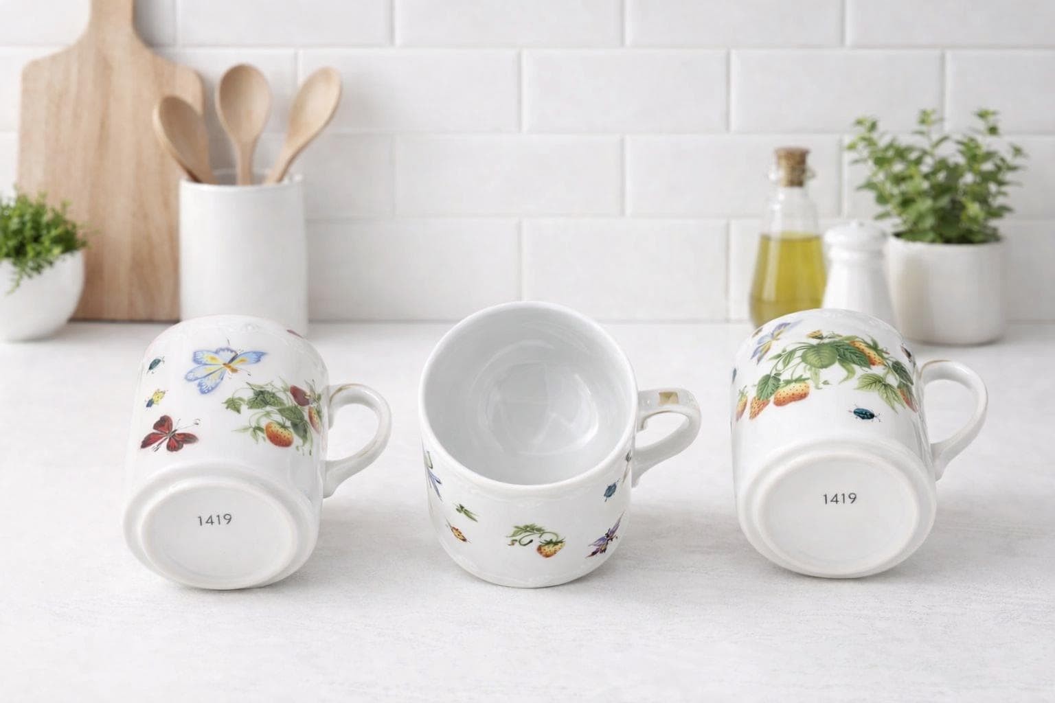 Vintage Linwile Ardalt 6171 Mug with Strawberries, Butterflies & Garden Florals, Porcelain Coffee Cup,, view 4