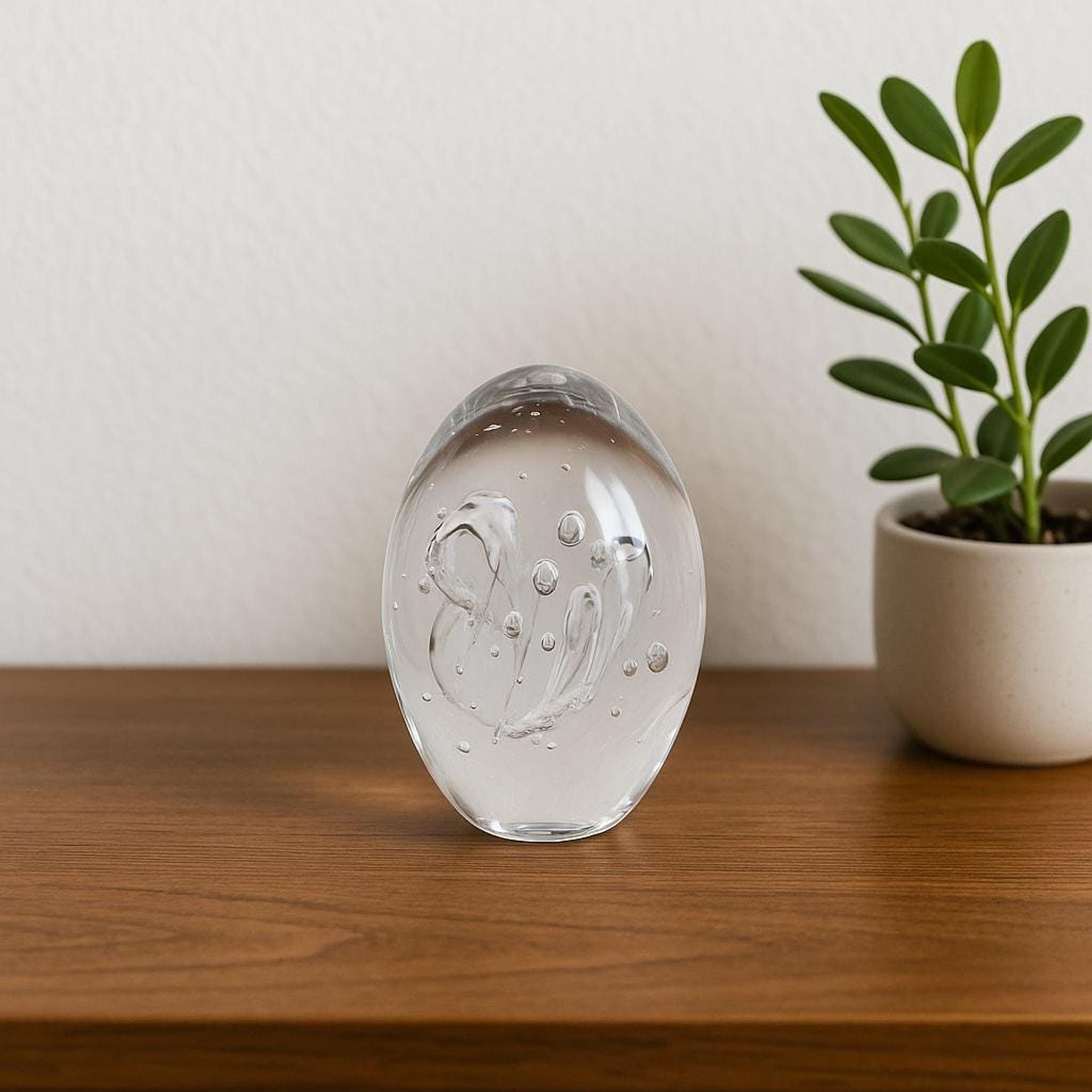 Vintage Clear Glass Egg Paperweight, Controlled Bubble Art , Hand Blown Studio Sculpture, Collectible Desk Decor
