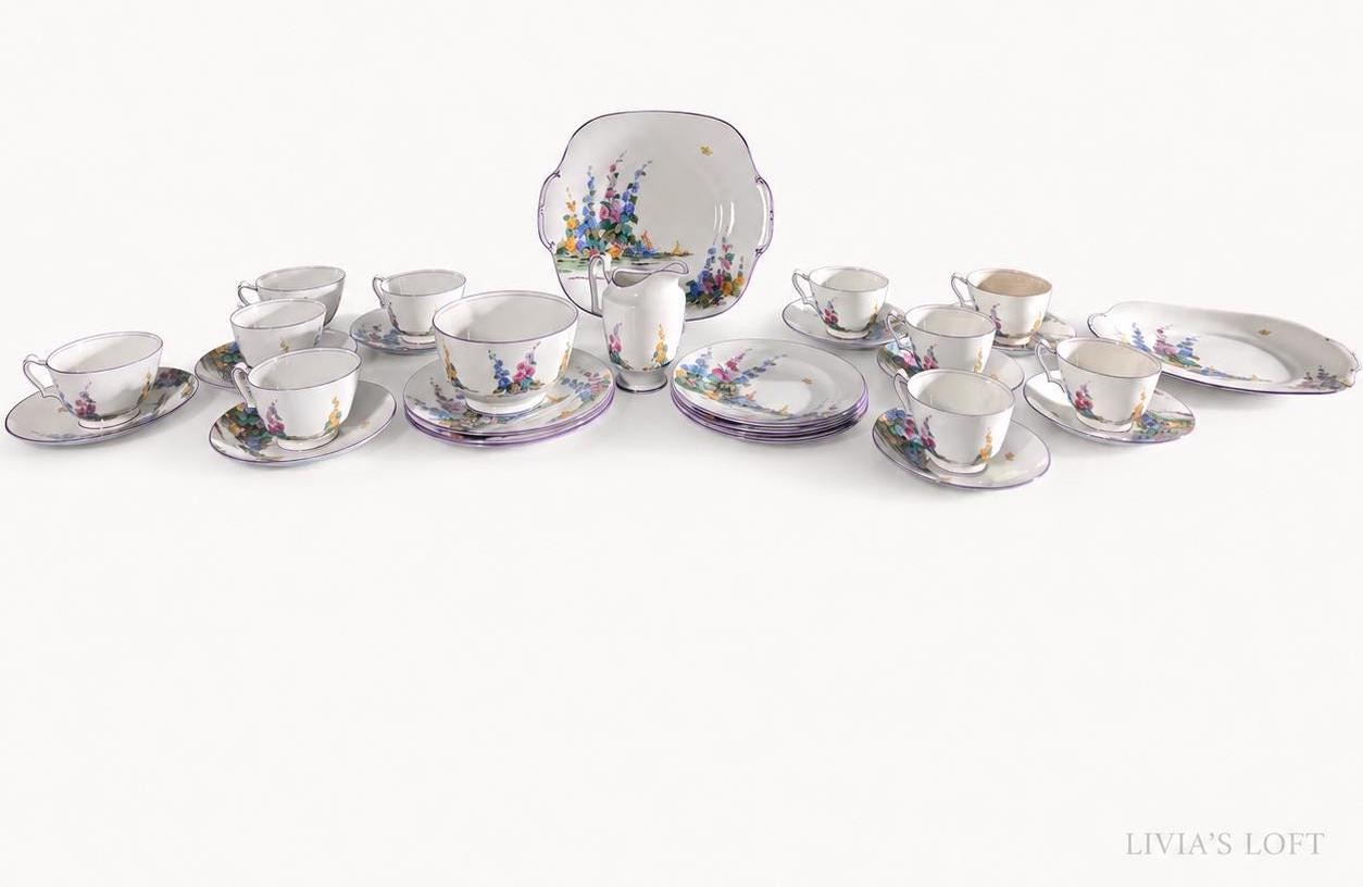 Hollyhocks Tea Set, Crown Staffordshire Fine Bone China Service