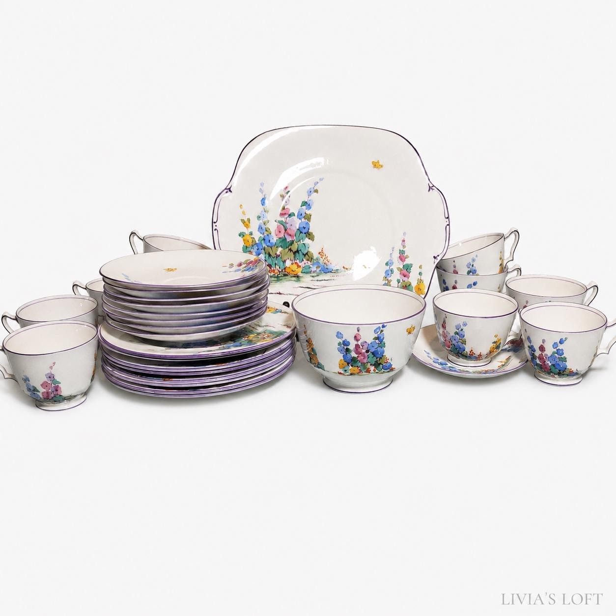 Hollyhocks Tea Set, Crown Staffordshire Fine Bone China Service, view 2