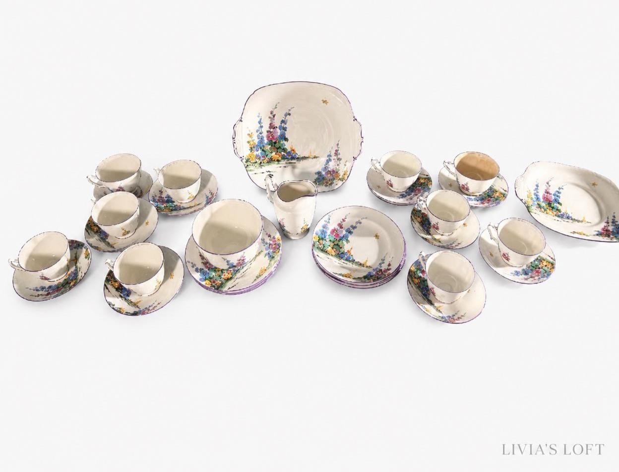 Hollyhocks Tea Set, Crown Staffordshire Fine Bone China Service, view 3