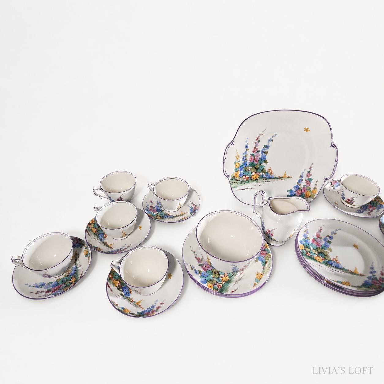 Hollyhocks Tea Set, Crown Staffordshire Fine Bone China Service, view 6