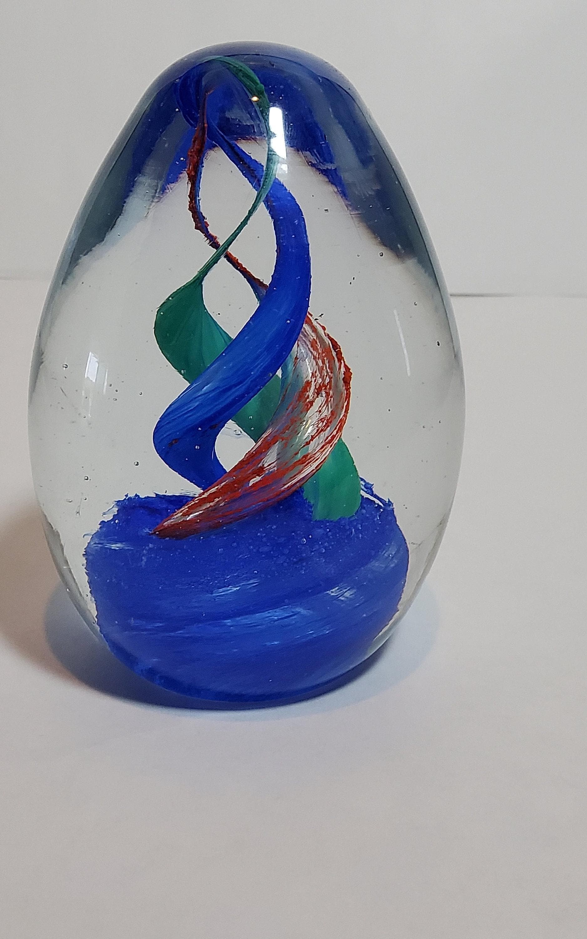 Desk Glass Decor, Blue Green Red Paperweight, Mid-Century Design, view 2