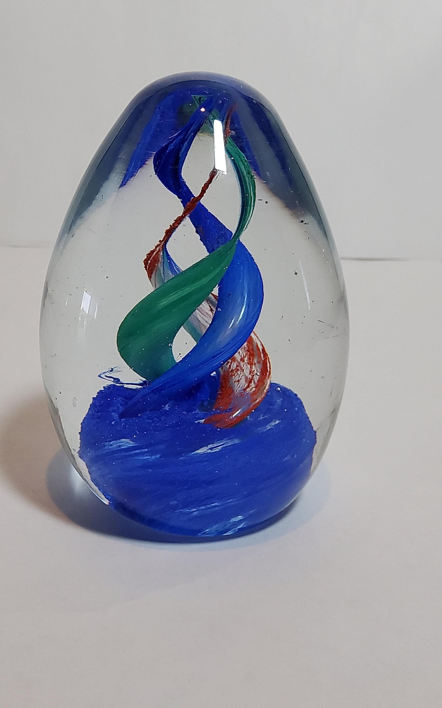 Desk Glass Decor, Blue Green Red Paperweight, Mid-Century Design, view 3