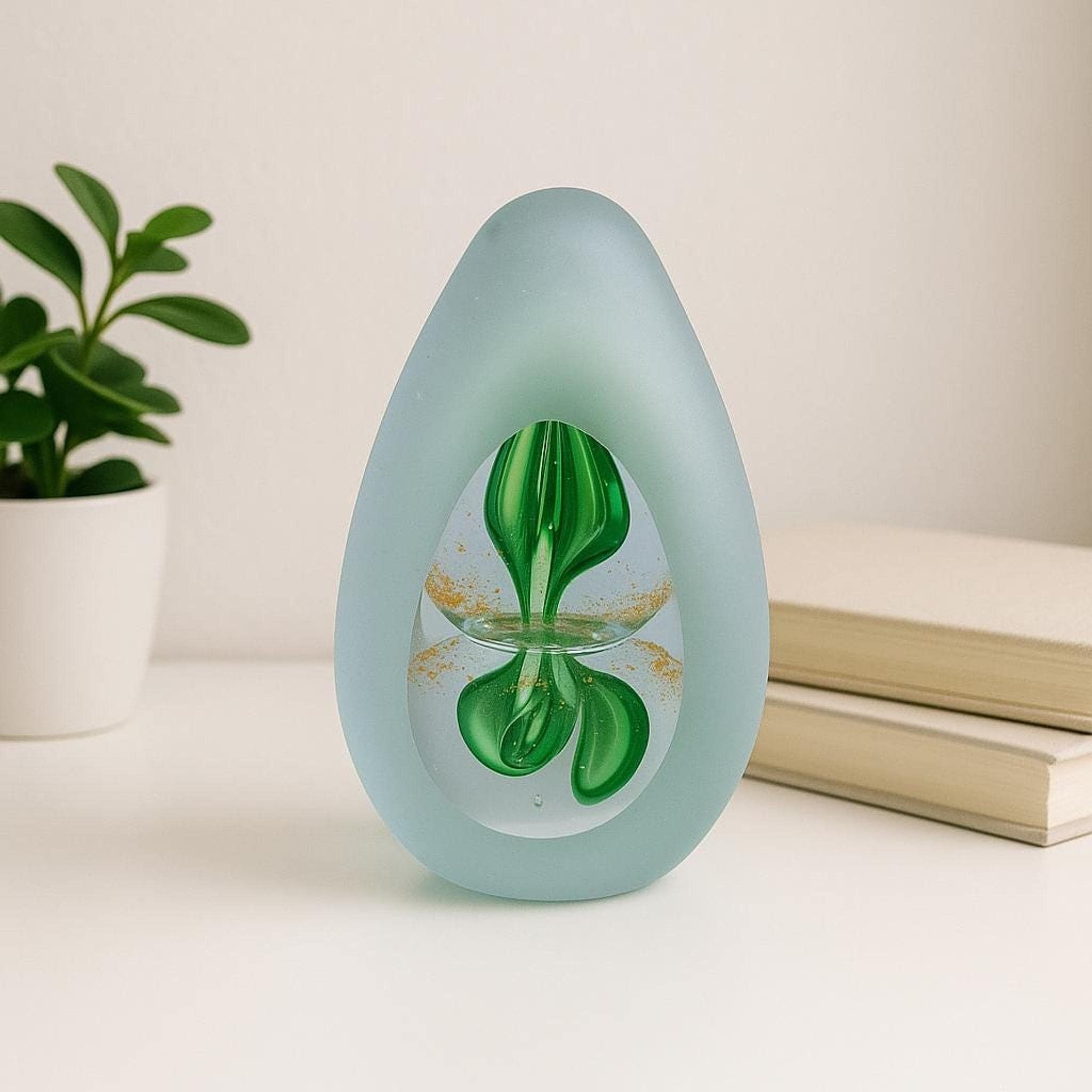 Art Glass Center, Frosted Green Floral Paperweight with Gold Flecks