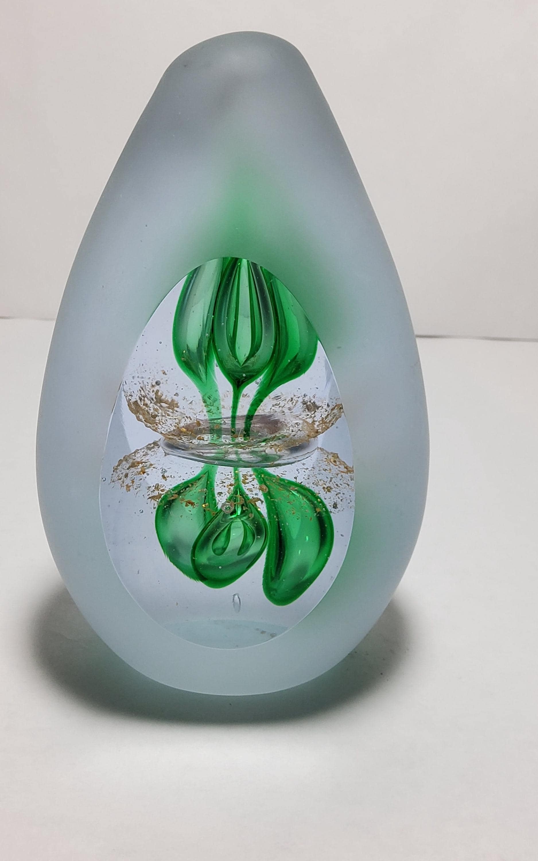 Art Glass Center, Frosted Green Floral Paperweight with Gold Flecks, view 2