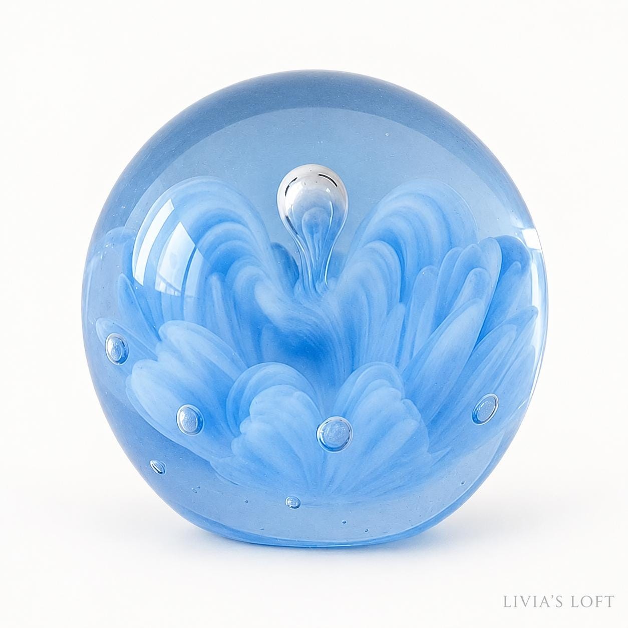 Vintage Blue Glass Paperweight, Controlled Bubble Swirl Art, Collectible Round Paperweight, Desk Decor Gift for Book Lovers