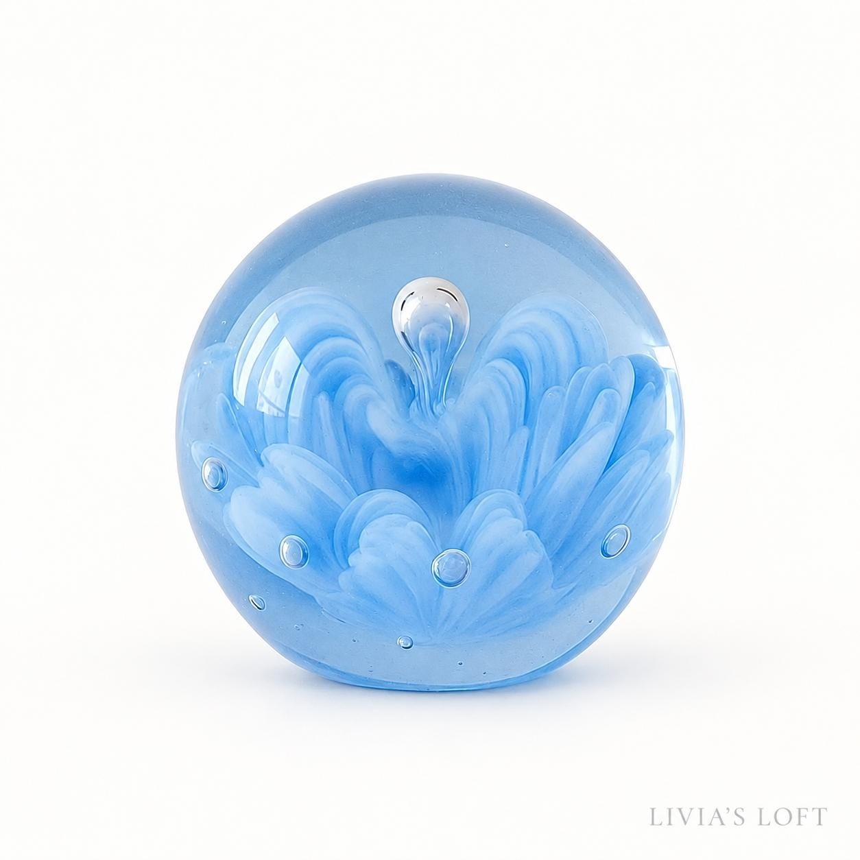 Vintage Blue Glass Paperweight, Controlled Bubble Swirl Art, Collectible Round Paperweight, Desk Decor Gift for Book Lovers, view 2