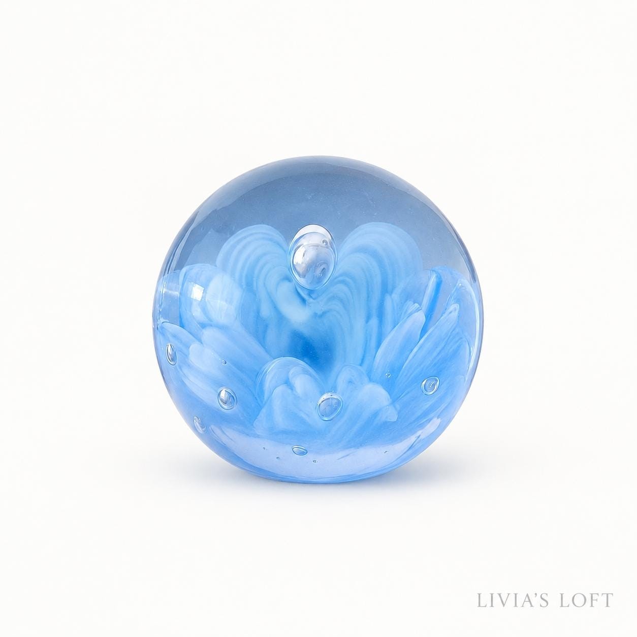 Vintage Blue Glass Paperweight, Controlled Bubble Swirl Art, Collectible Round Paperweight, Desk Decor Gift for Book Lovers, view 3