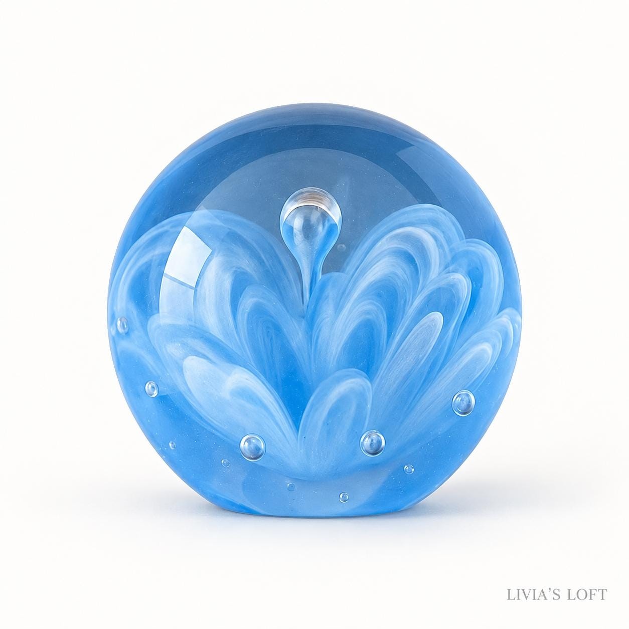 Vintage Blue Glass Paperweight, Controlled Bubble Swirl Art, Collectible Round Paperweight, Desk Decor Gift for Book Lovers, view 4