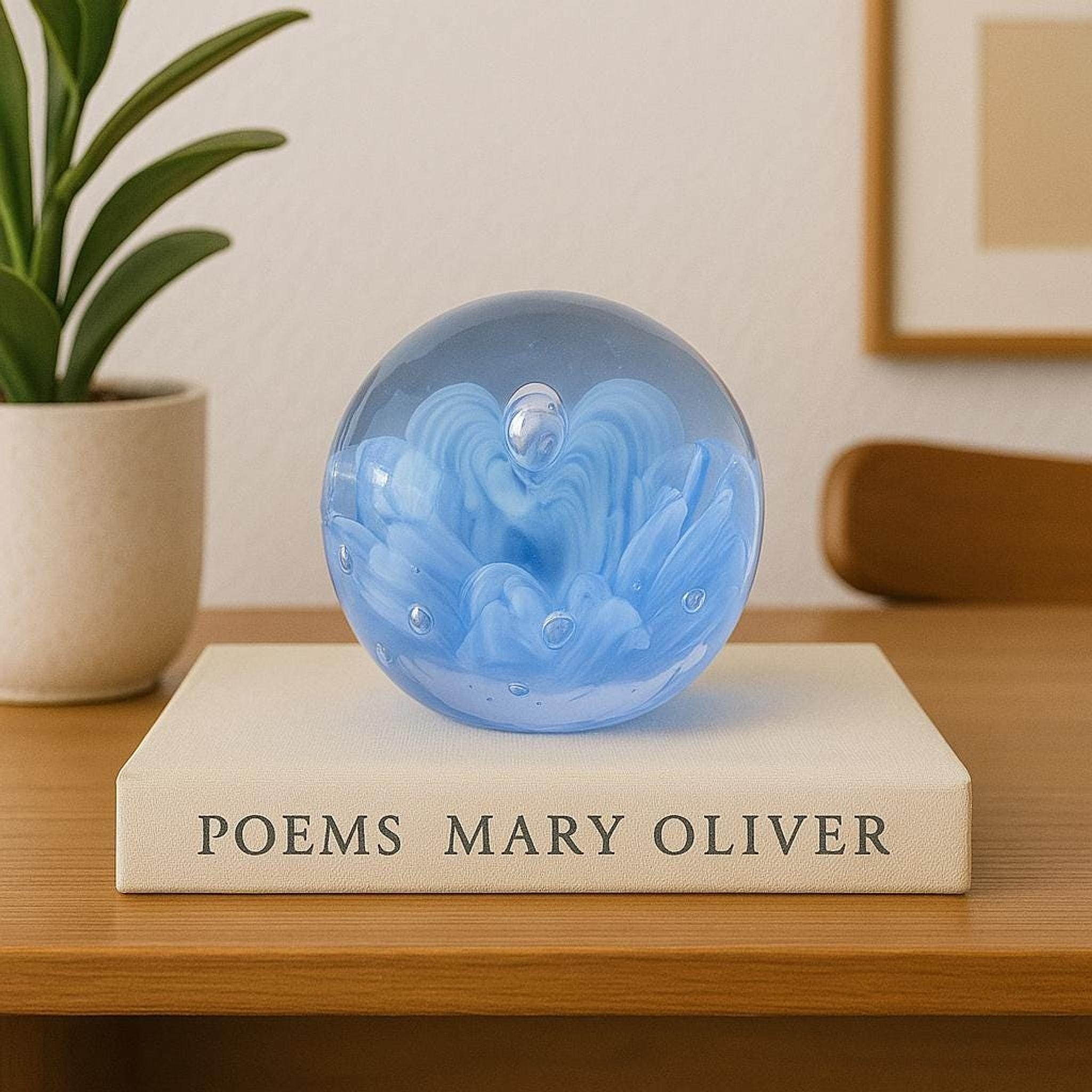 Vintage Blue Glass Paperweight, Controlled Bubble Swirl Art, Collectible Round Paperweight, Desk Decor Gift for Book Lovers, view 5