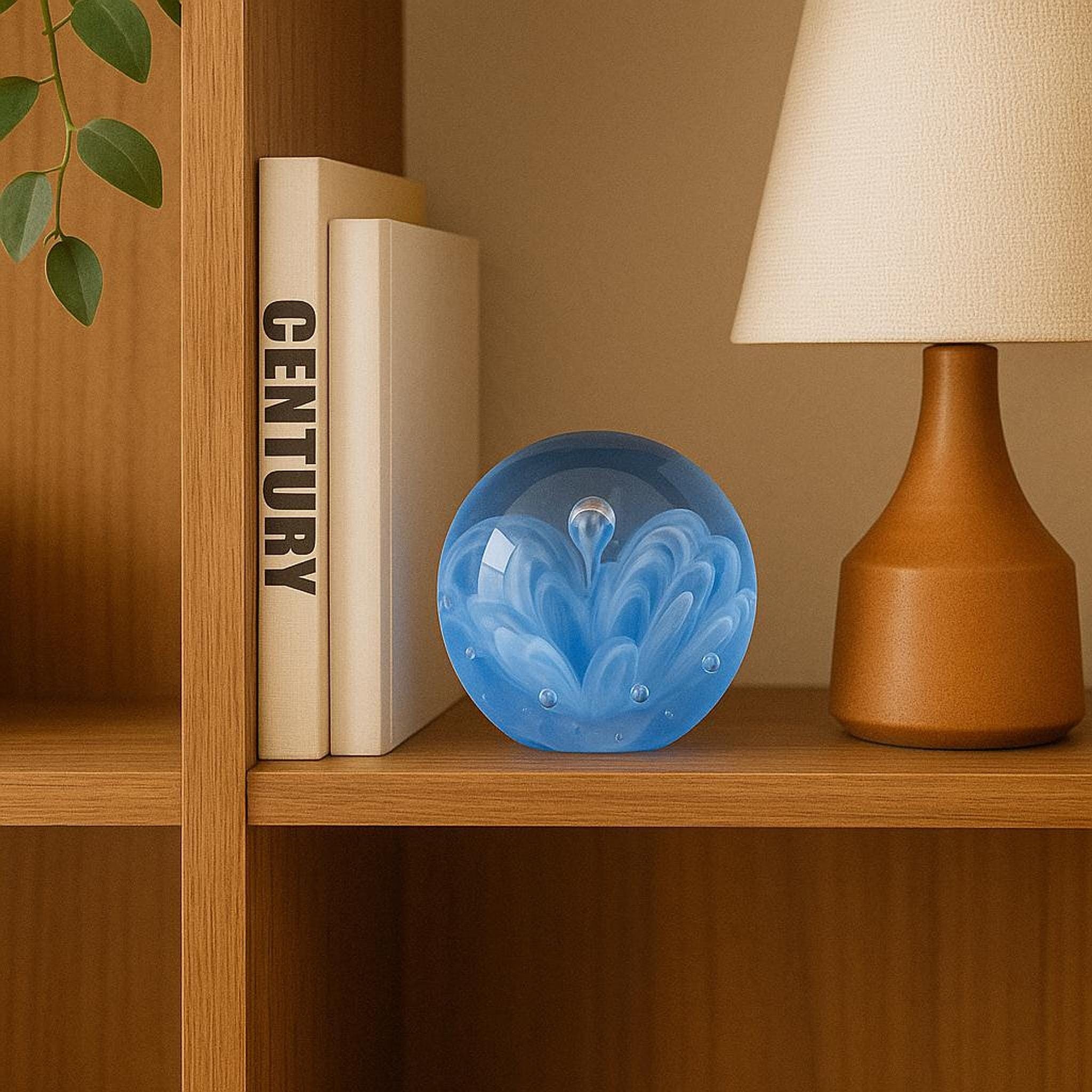 Vintage Blue Glass Paperweight, Controlled Bubble Swirl Art, Collectible Round Paperweight, Desk Decor Gift for Book Lovers, view 6