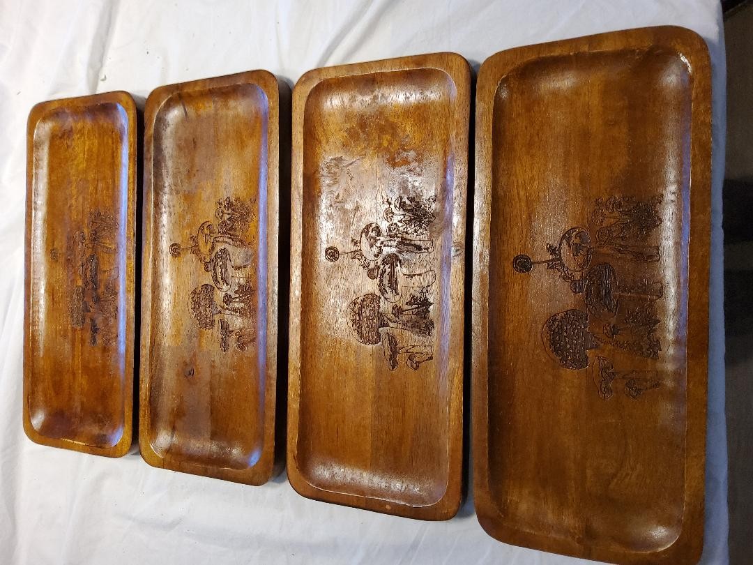 MCM Wooden Snack Trays – Vintage Tropical Carved Mushroom Plates Set of 4, view 1