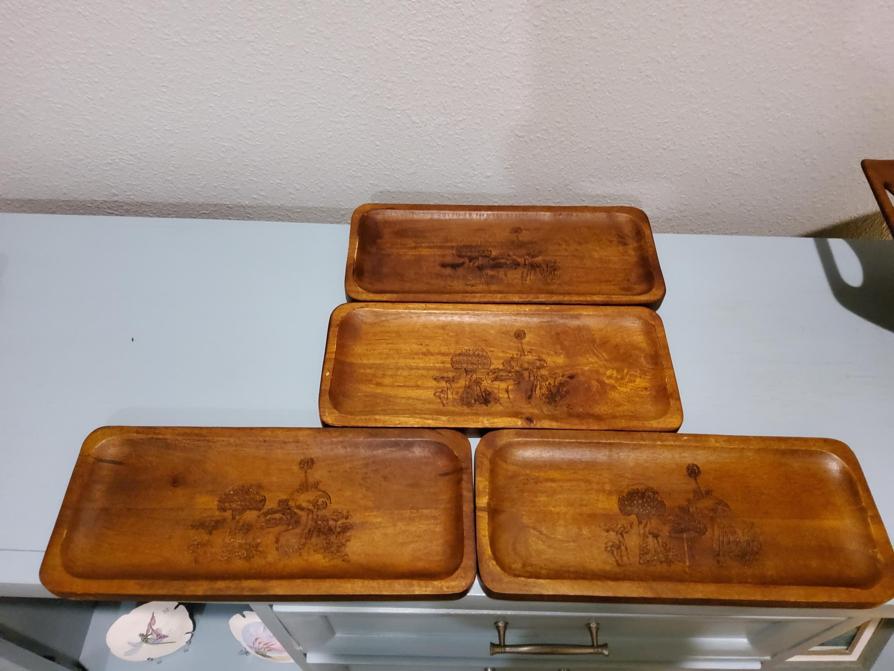 MCM Wooden Snack Trays – Vintage Tropical Carved Mushroom Plates Set of 4, view 5