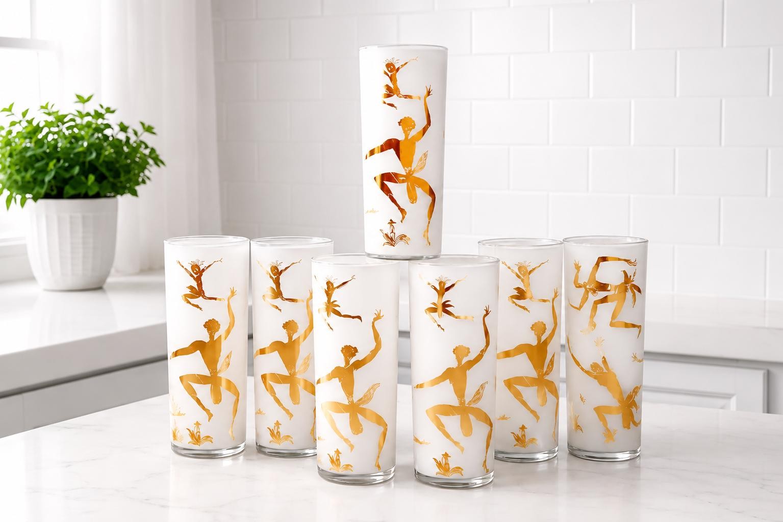 Vintage 22K Gold African Dancer Frosted Highball Glass – Figural Cocktail Set of 7