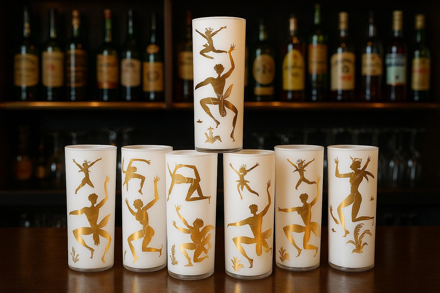 Vintage 22K Gold African Dancer Frosted Highball Glass – Figural Cocktail Set of 7, view 2
