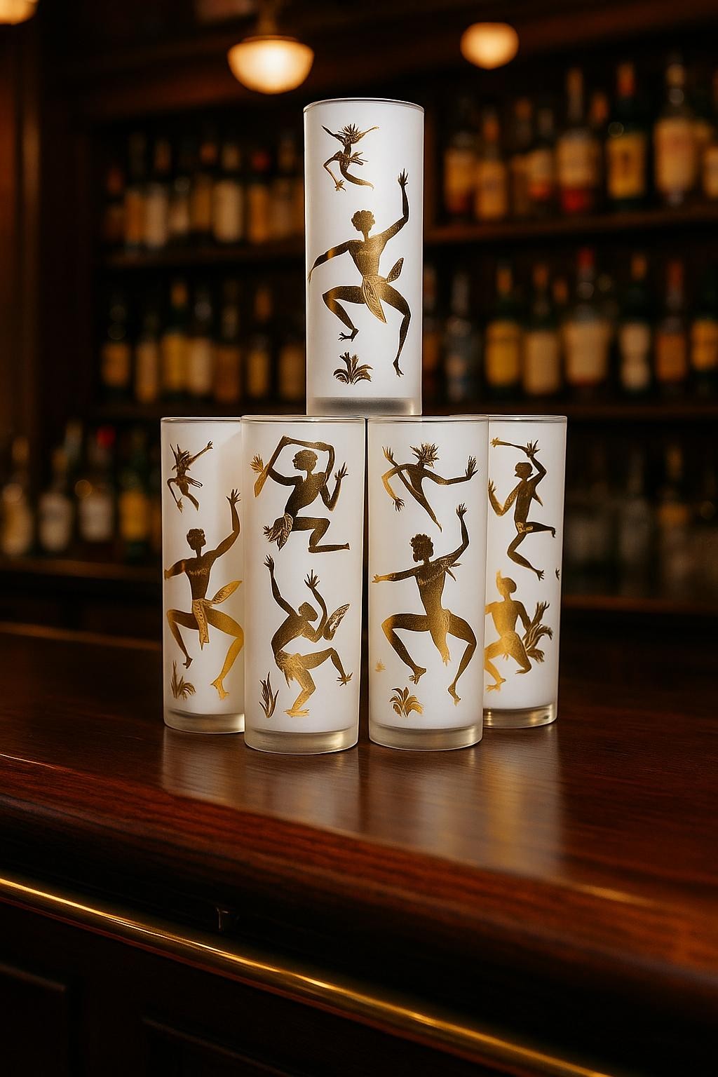 Vintage 22K Gold African Dancer Frosted Highball Glass – Figural Cocktail Set of 7, view 3