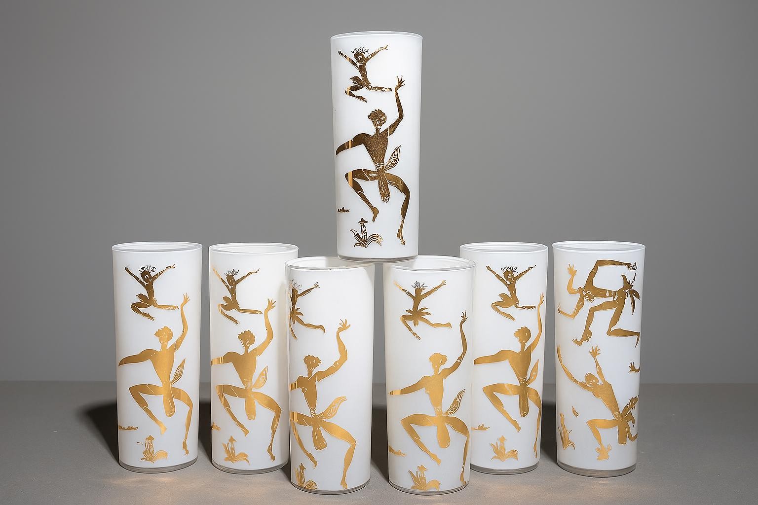 Vintage 22K Gold African Dancer Frosted Highball Glass – Figural Cocktail Set of 7, view 4