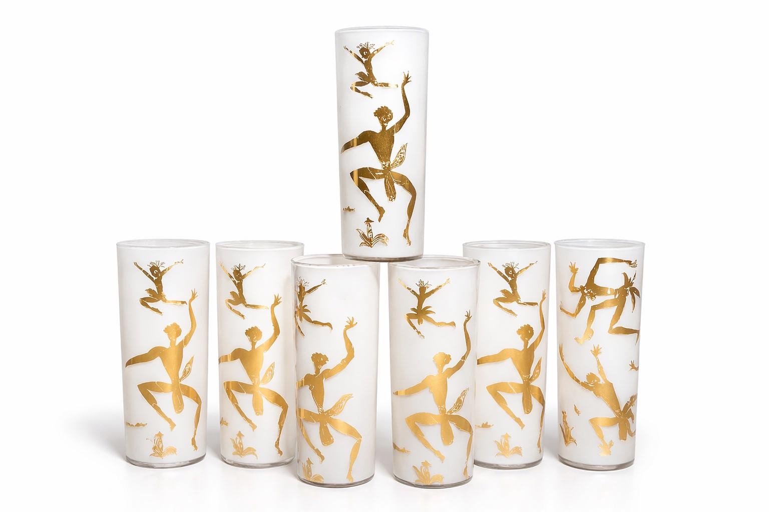 Vintage 22K Gold African Dancer Frosted Highball Glass – Figural Cocktail Set of 7, view 6