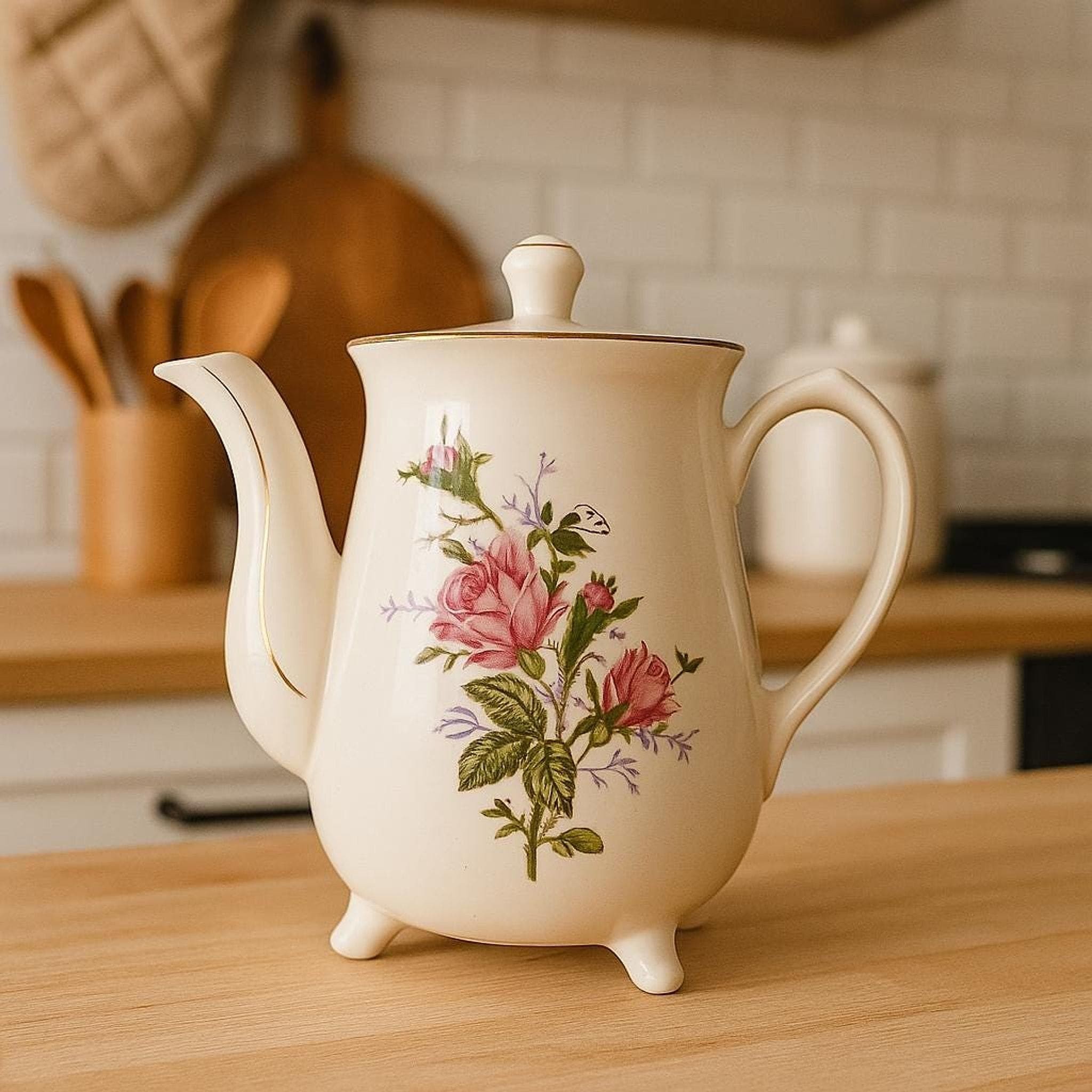 Vintage Floral Porcelain Teapot with Gold Trim, Footed Electric Rose Design