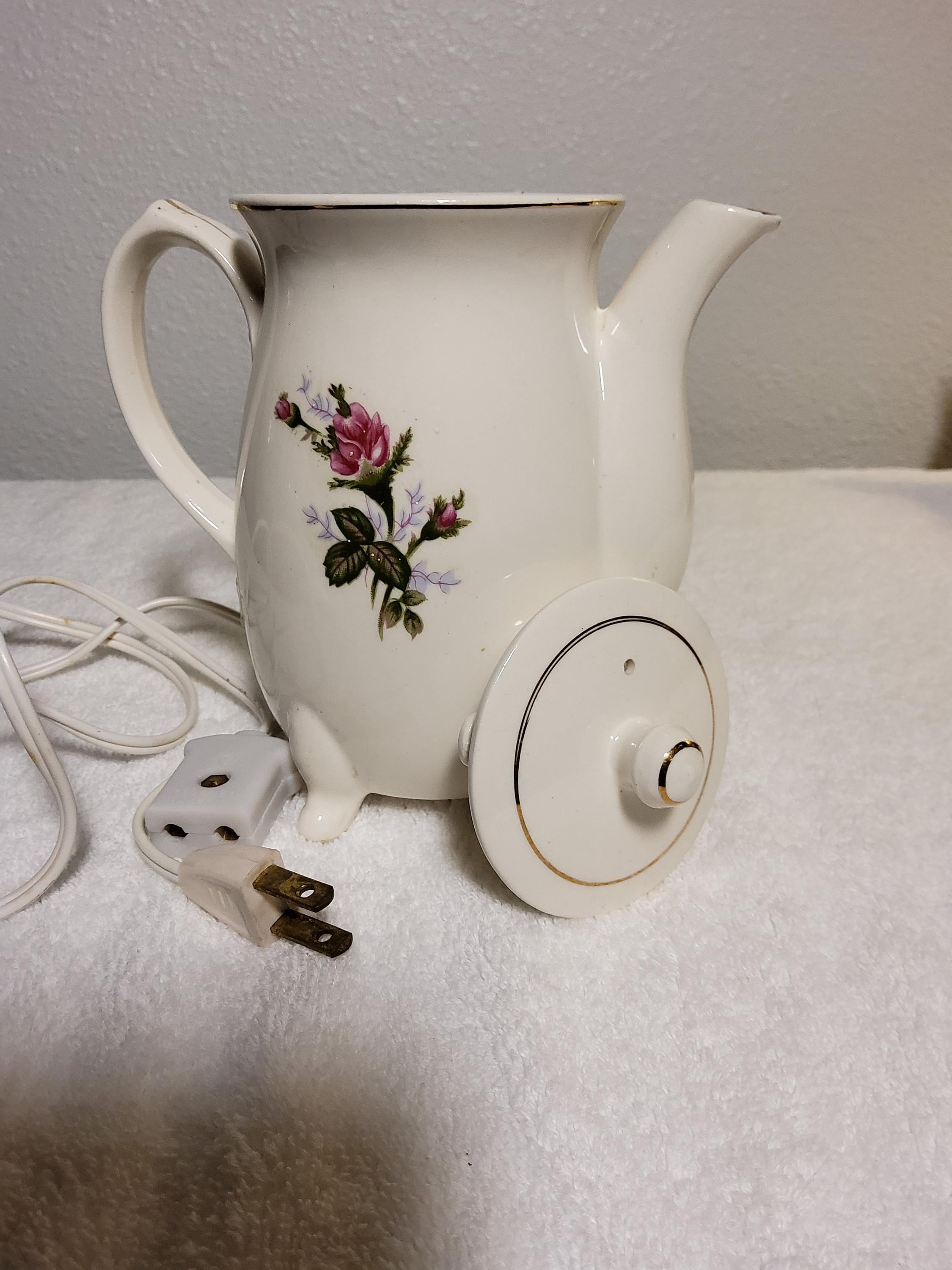Vintage Floral Porcelain Teapot with Gold Trim, Footed Electric Rose Design, view 3
