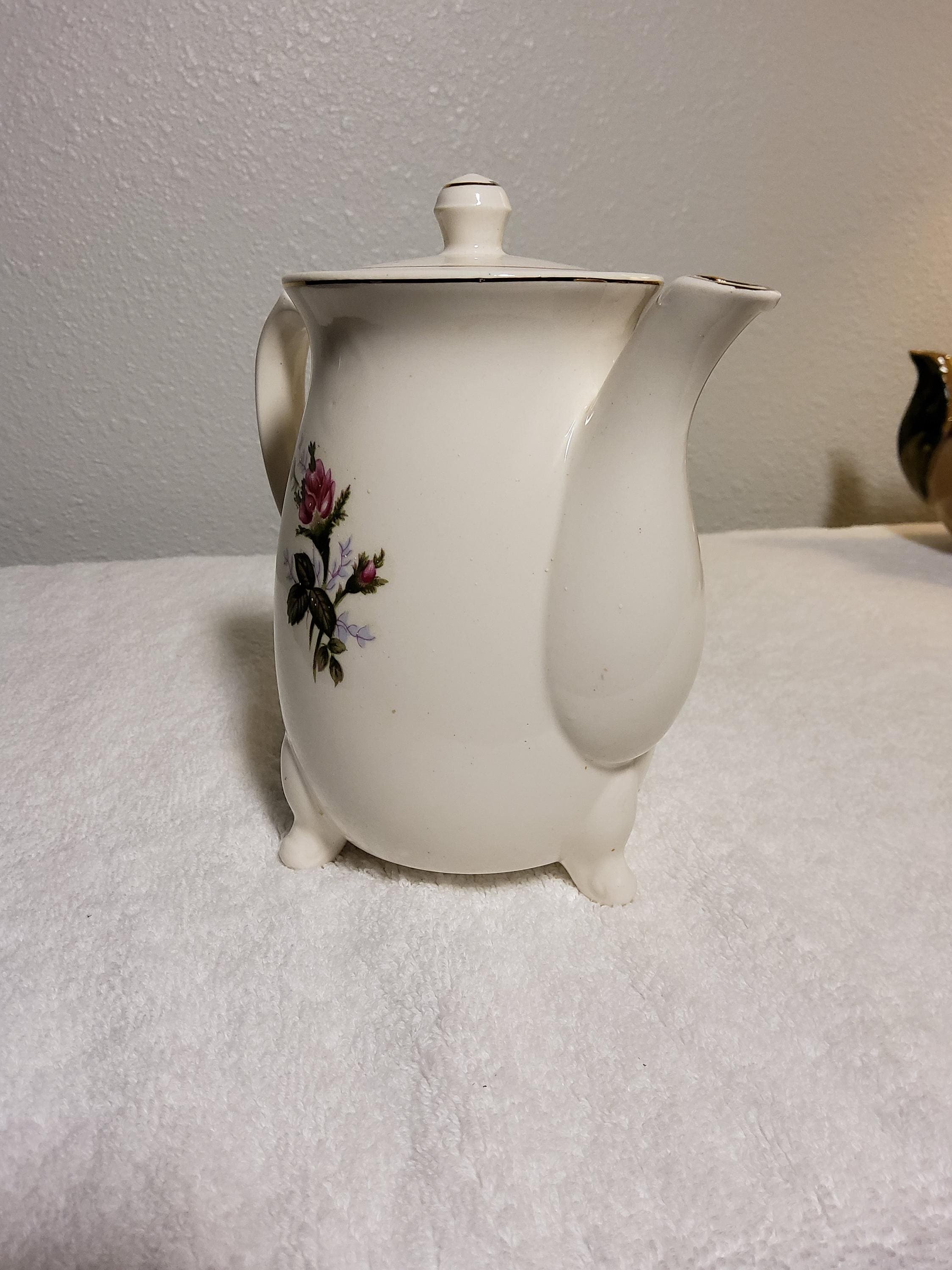 Vintage Floral Porcelain Teapot with Gold Trim, Footed Electric Rose Design, view 4