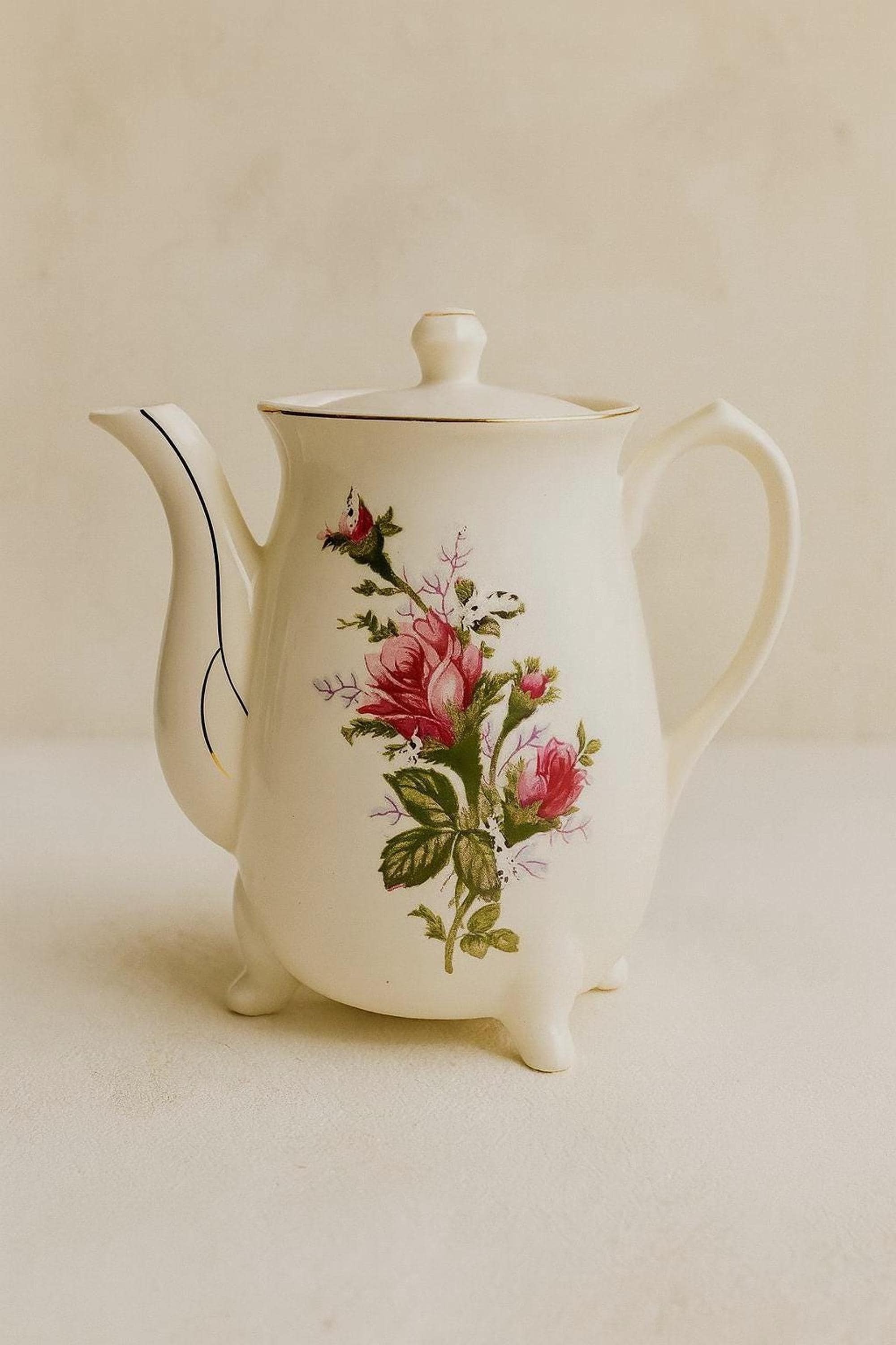 Vintage Floral Porcelain Teapot with Gold Trim, Footed Electric Rose Design, view 5