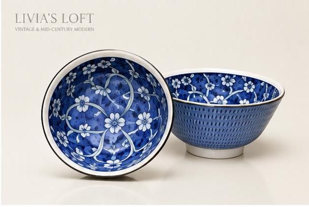 Vintage Japanese Blue Ceramic Bowls Set of 2 MCM Textured Rice Soup Bowls, view 2