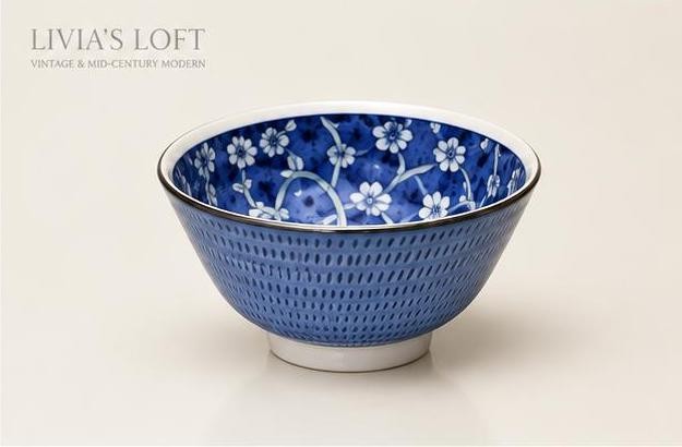 Vintage Japanese Blue Ceramic Bowls Set of 2 MCM Textured Rice Soup Bowls, view 4