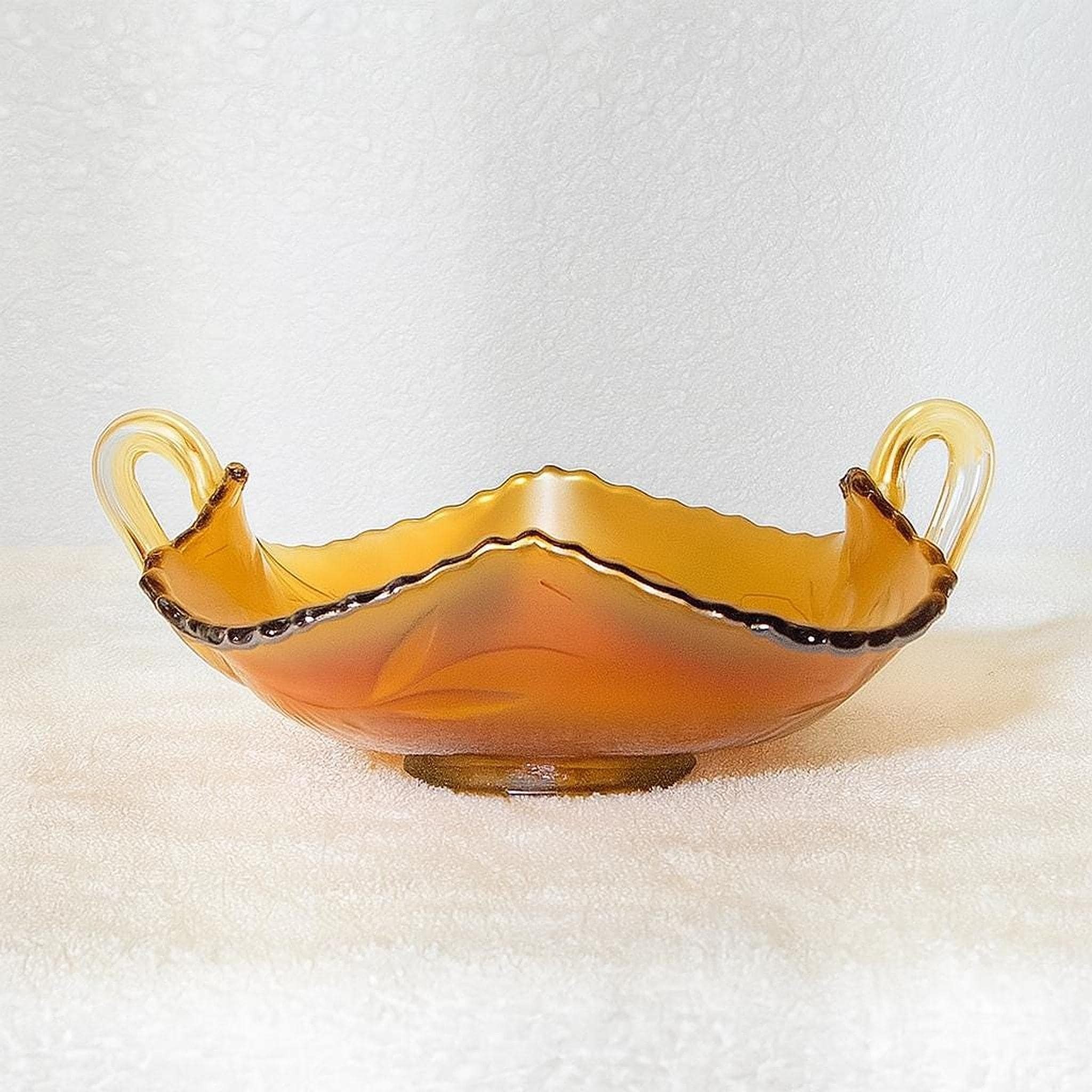 Vintage Bonbon Dish, Marigold Carnival Glass with Handles and Leaf Motif