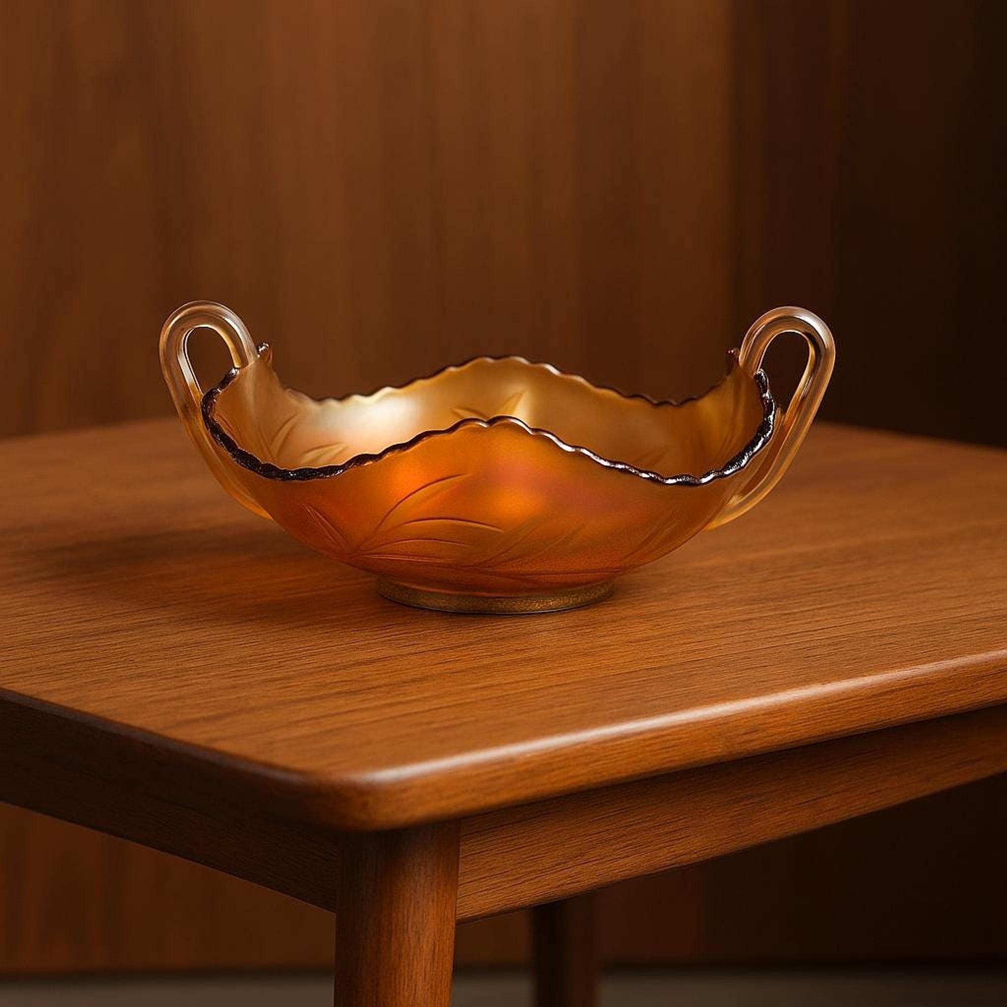 Vintage Bonbon Dish, Marigold Carnival Glass with Handles and Leaf Motif, view 2