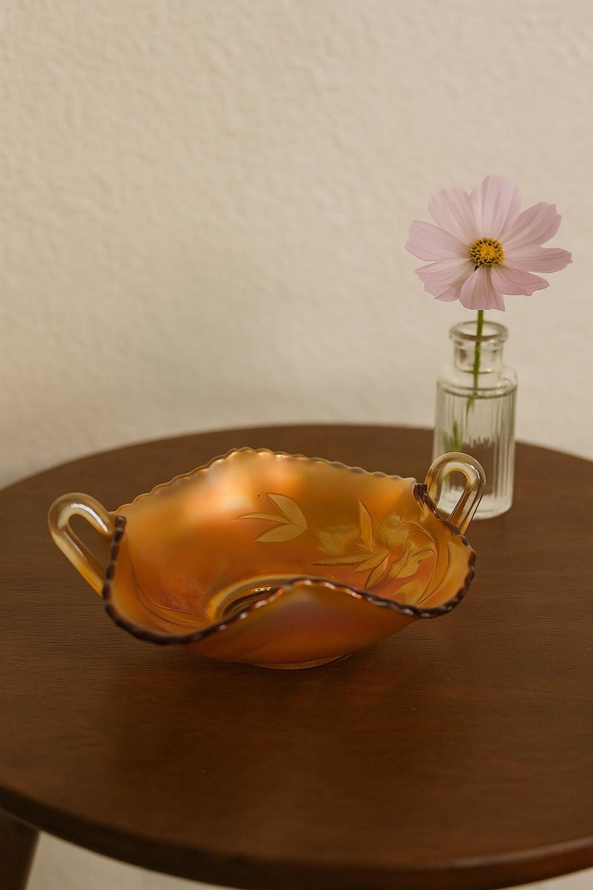 Vintage Bonbon Dish, Marigold Carnival Glass with Handles and Leaf Motif, view 3