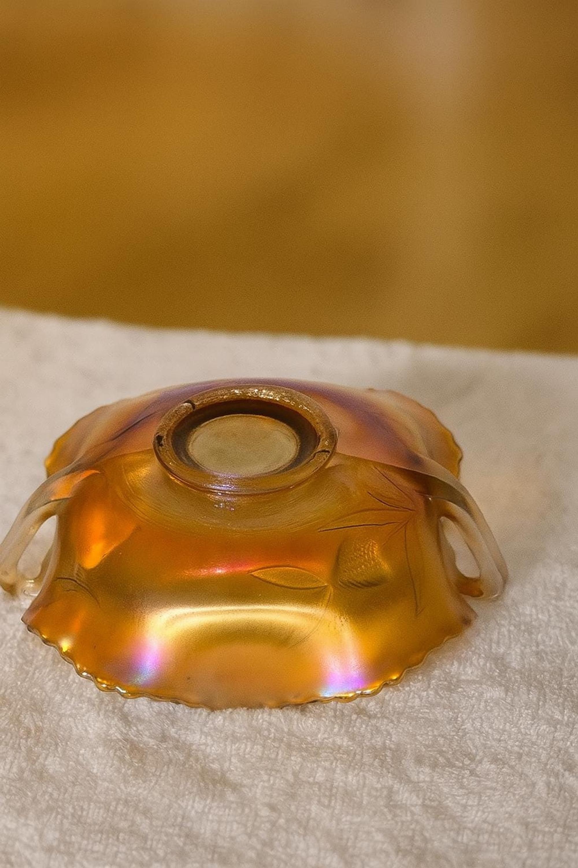 Vintage Bonbon Dish, Marigold Carnival Glass with Handles and Leaf Motif, view 4