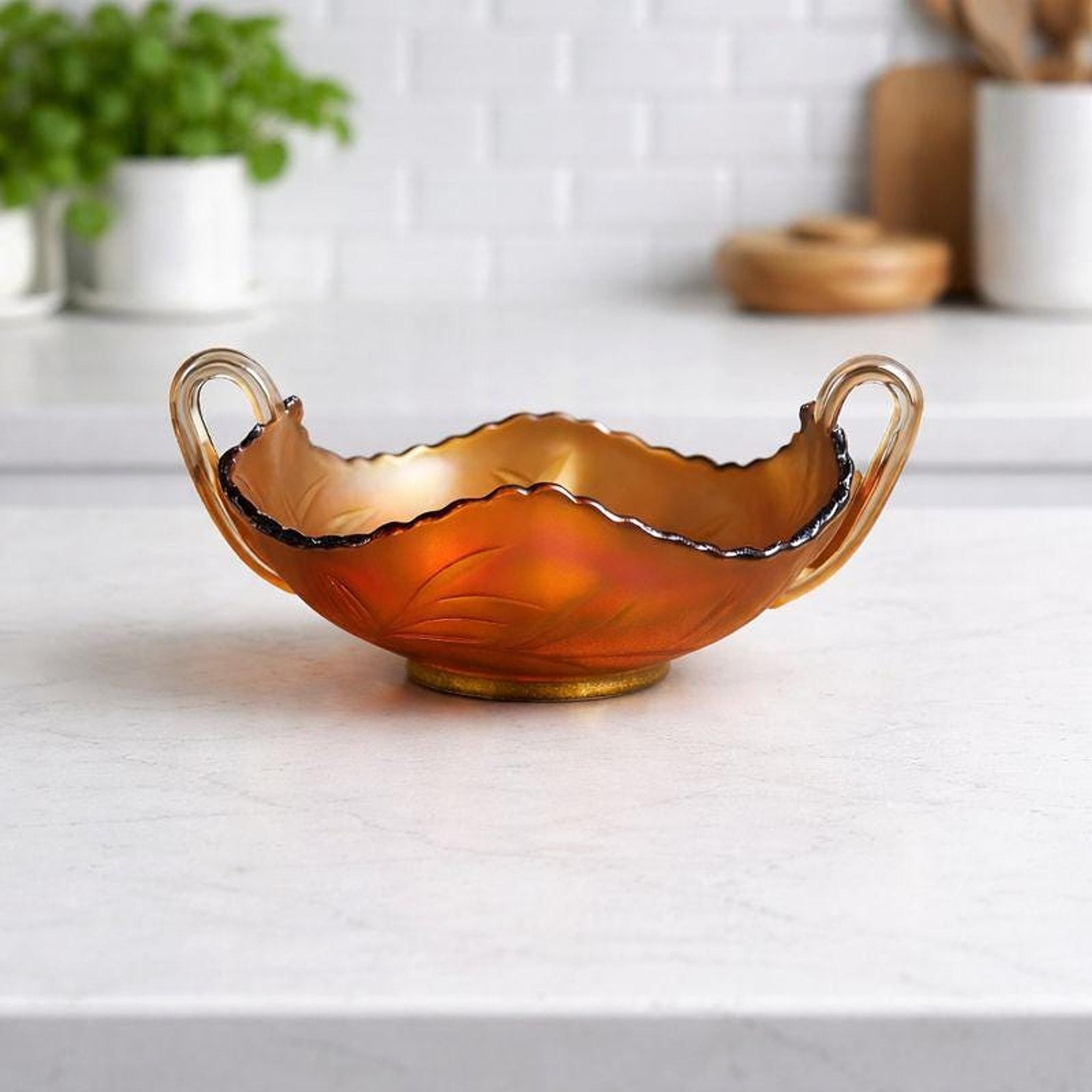 Vintage Bonbon Dish, Marigold Carnival Glass with Handles and Leaf Motif, view 5