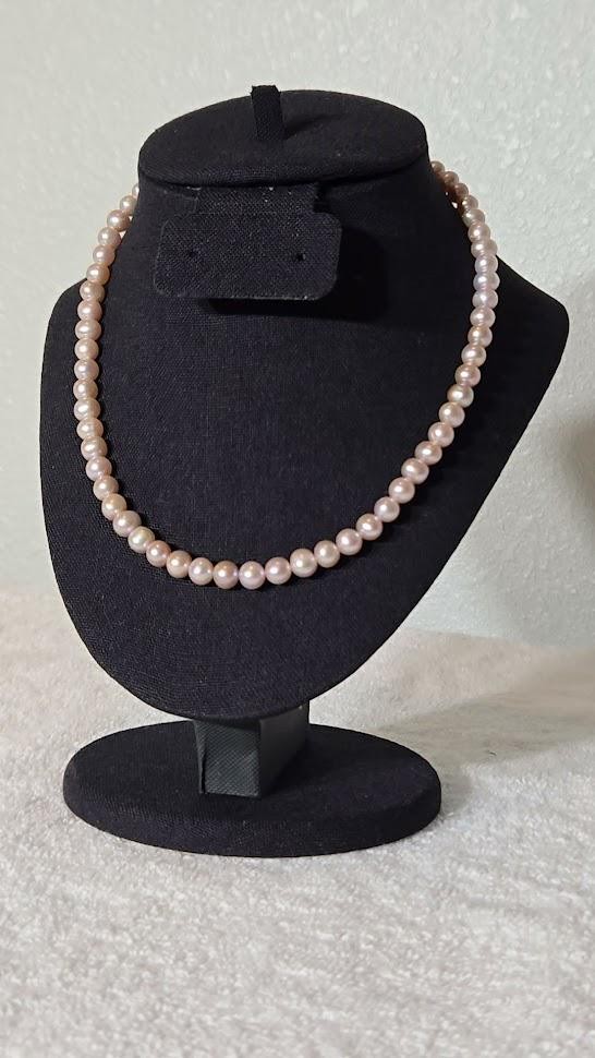 Classic Cultured Freshwater Pearl Necklace – Soft Pink Round Pearls, Knotted 18" Strand, view 3