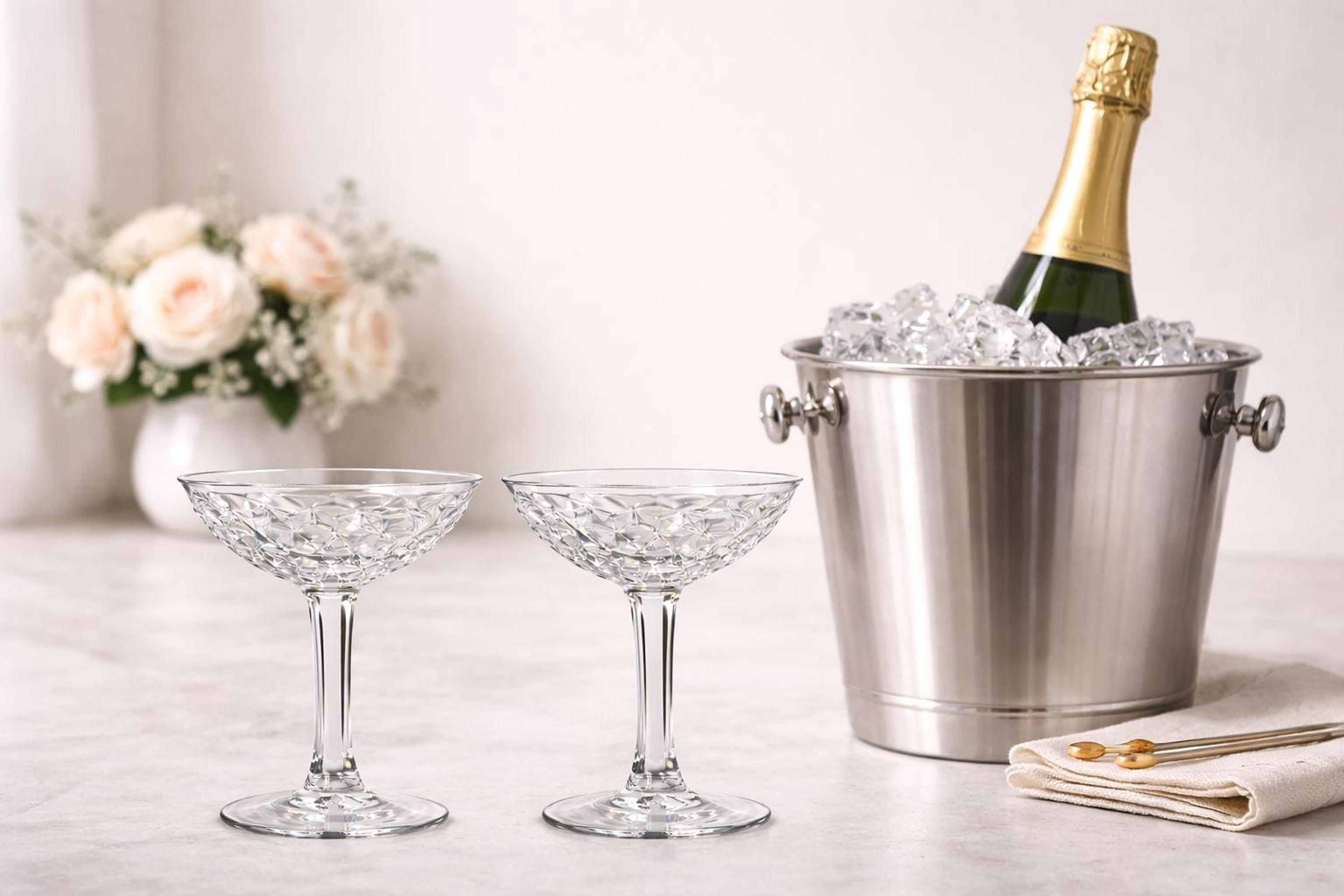 Vintage Coupe Glass Set Of 2, Pressed Diamond Pattern