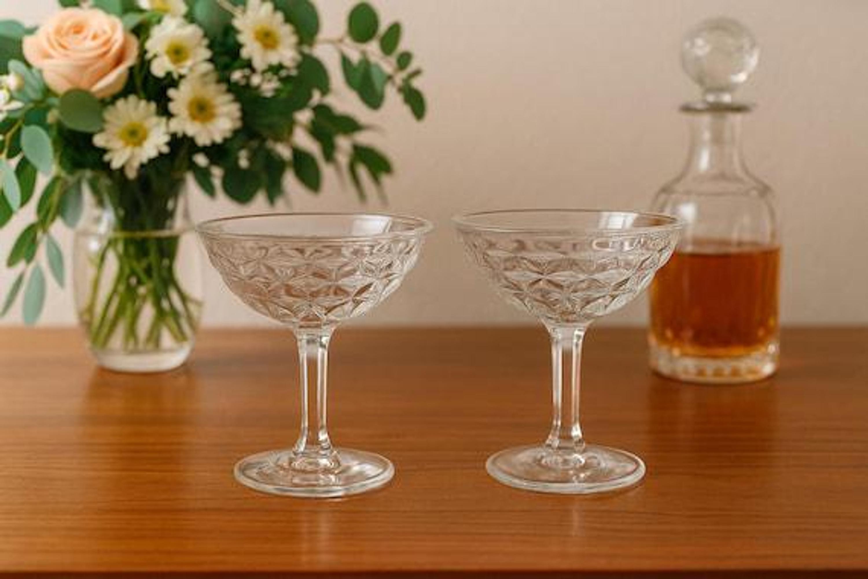 Vintage Coupe Glass Set Of 2, Pressed Diamond Pattern, view 6
