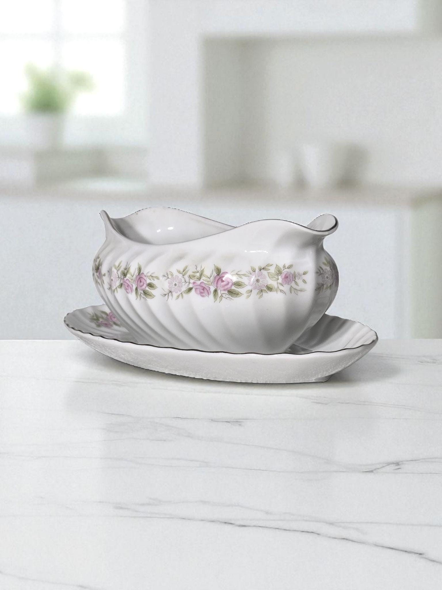 Vintage Dansico Japan Porcelain Gravy Boat | Pink Rose Garland Serveware