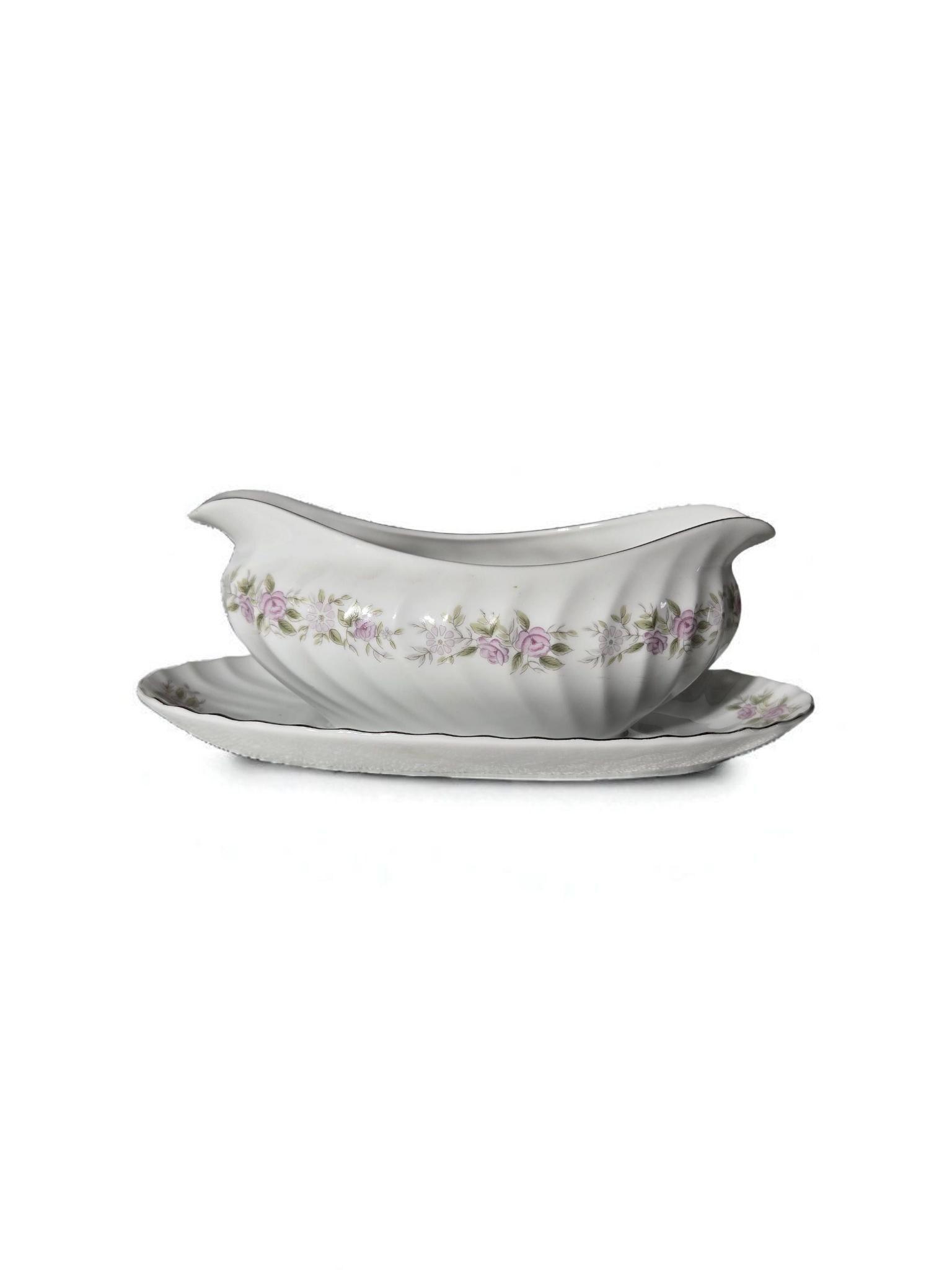 Vintage Dansico Japan Porcelain Gravy Boat | Pink Rose Garland Serveware, view 3