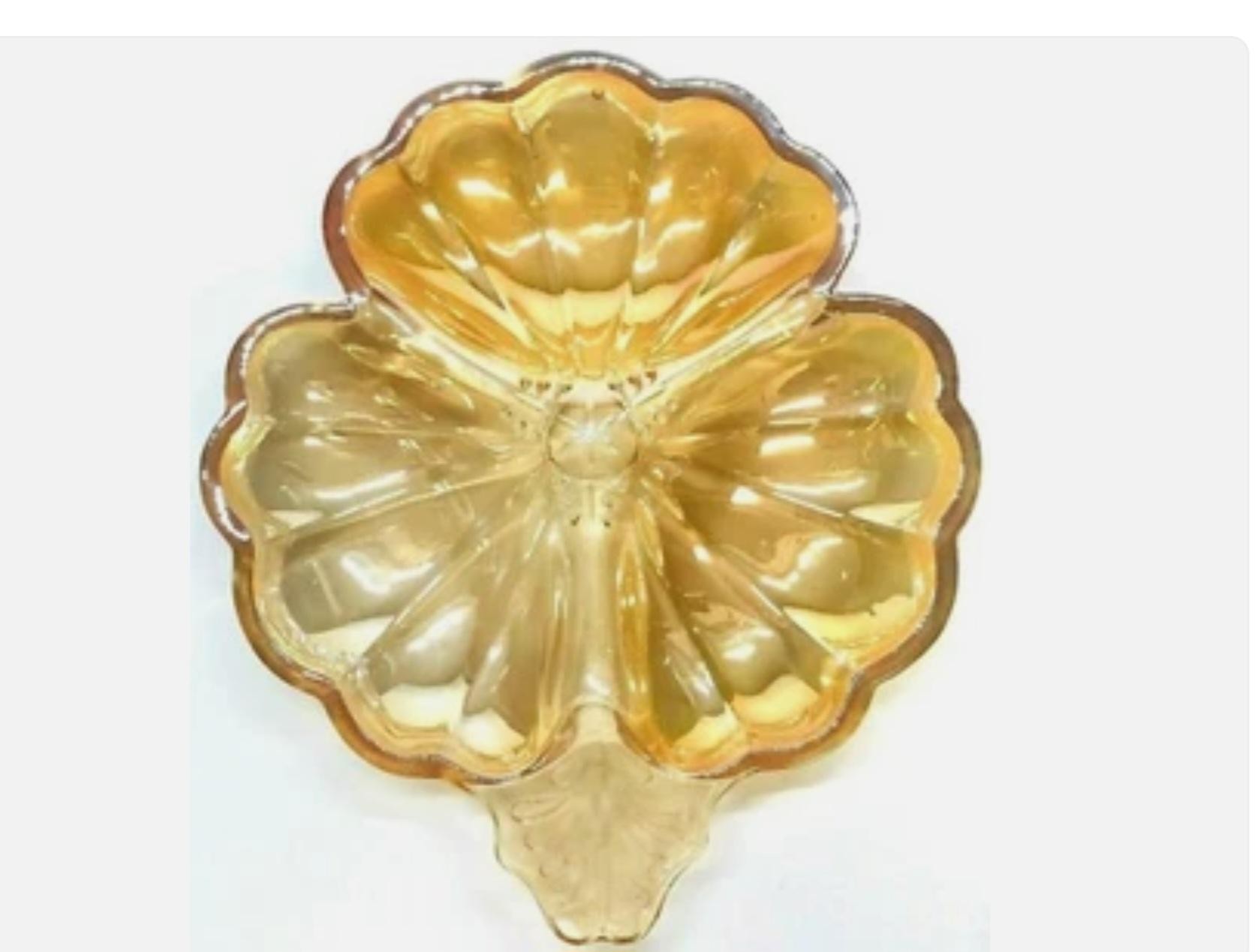Vintage Jeannette Glass Amber Clover Divided Relish Dish – Depression Glass Leaf Tray, view 2