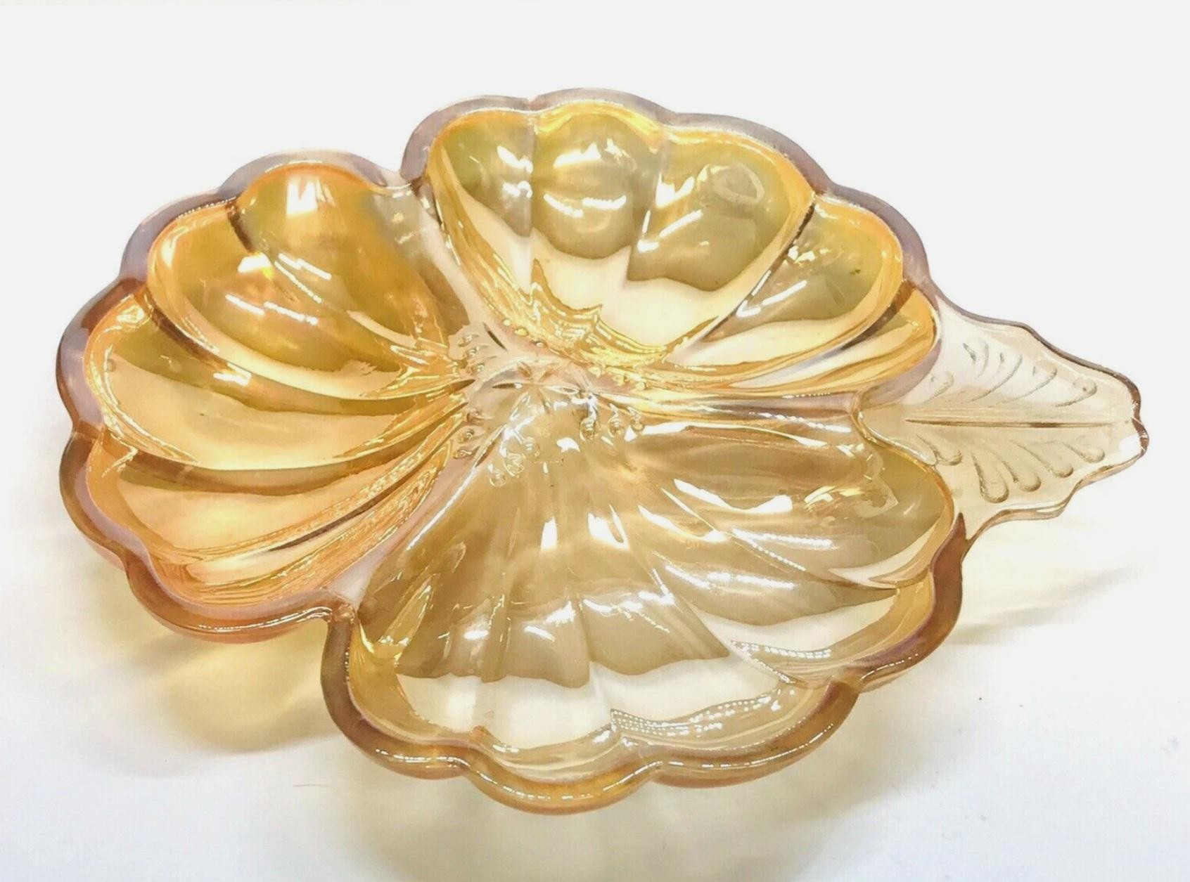 Vintage Jeannette Glass Amber Clover Divided Relish Dish – Depression Glass Leaf Tray, view 3