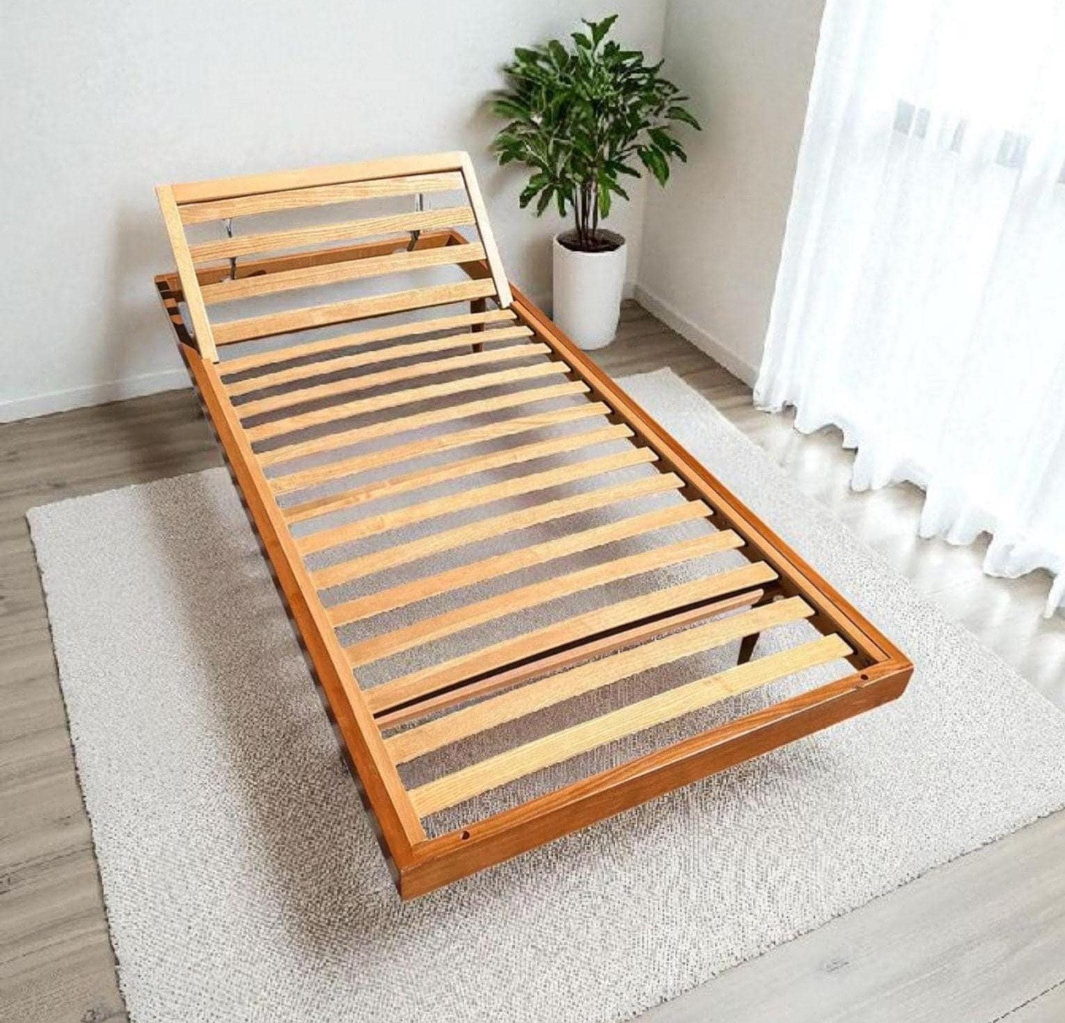 Mid Century Bed, Teak Platform Design with Adjustable Danish Modern Headboard