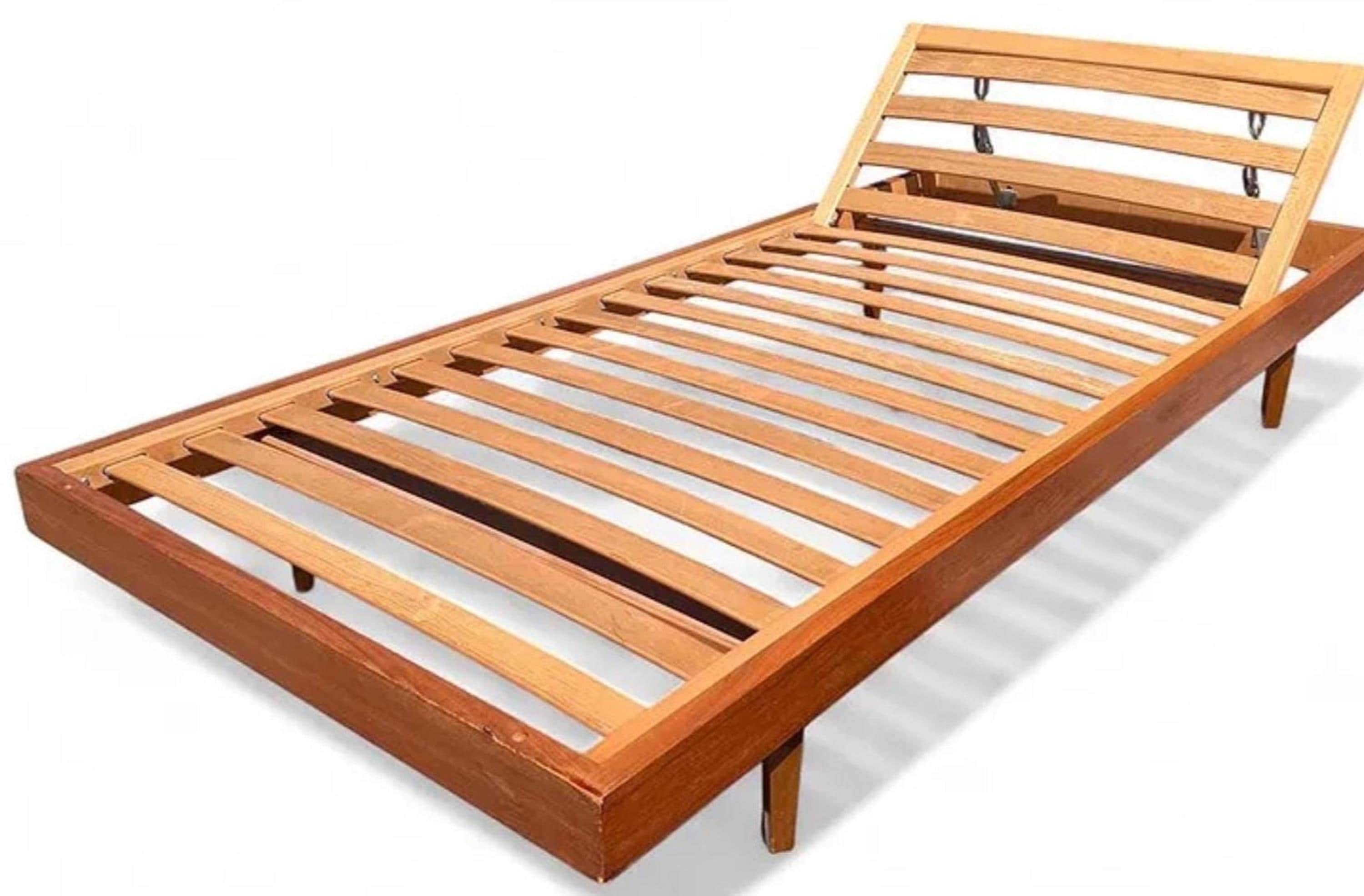 Mid Century Bed, Teak Platform Design with Adjustable Danish Modern Headboard, view 2