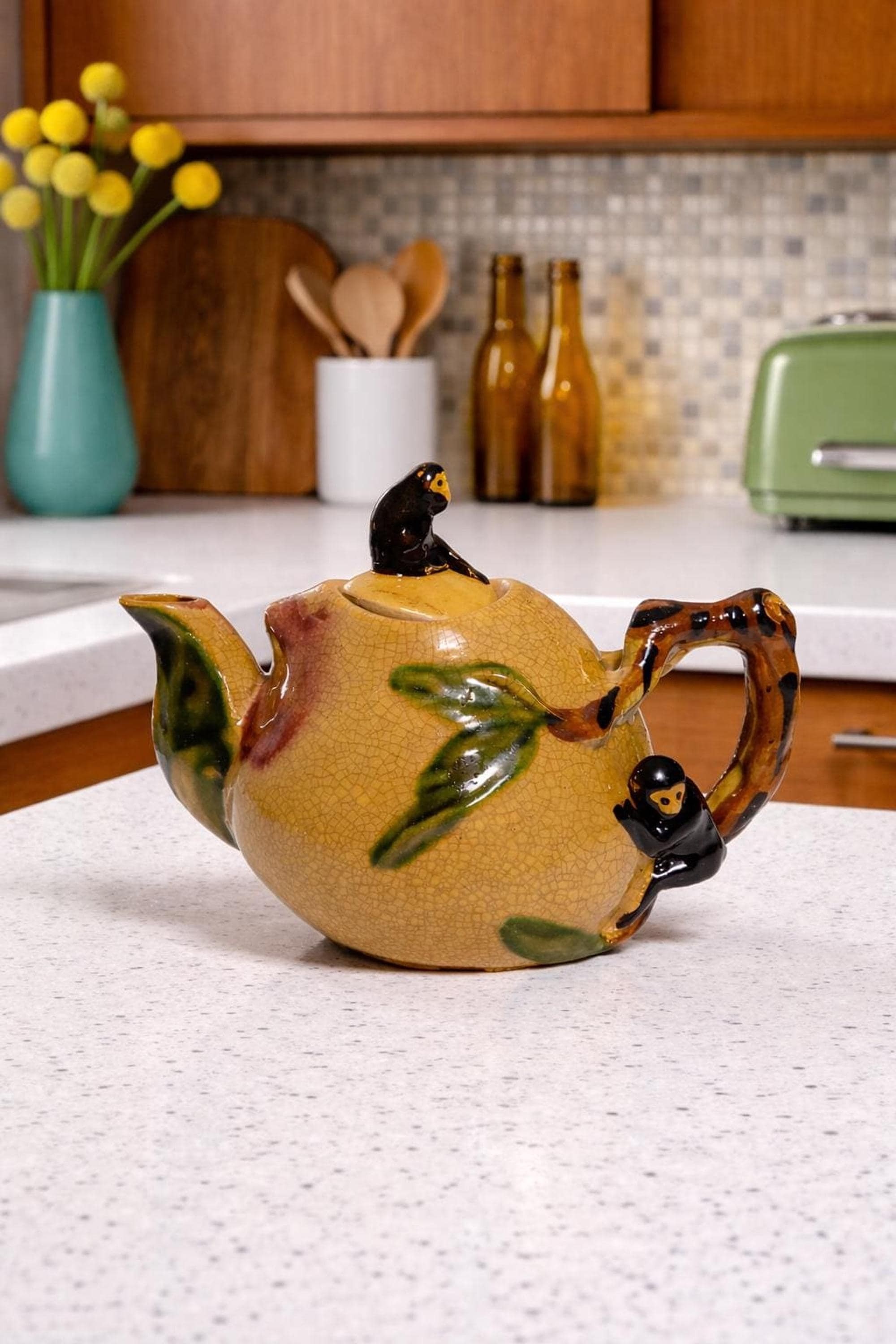 Vanity Decor Ceramic Teapot, Vintage Crackle Glaze Monkey Design