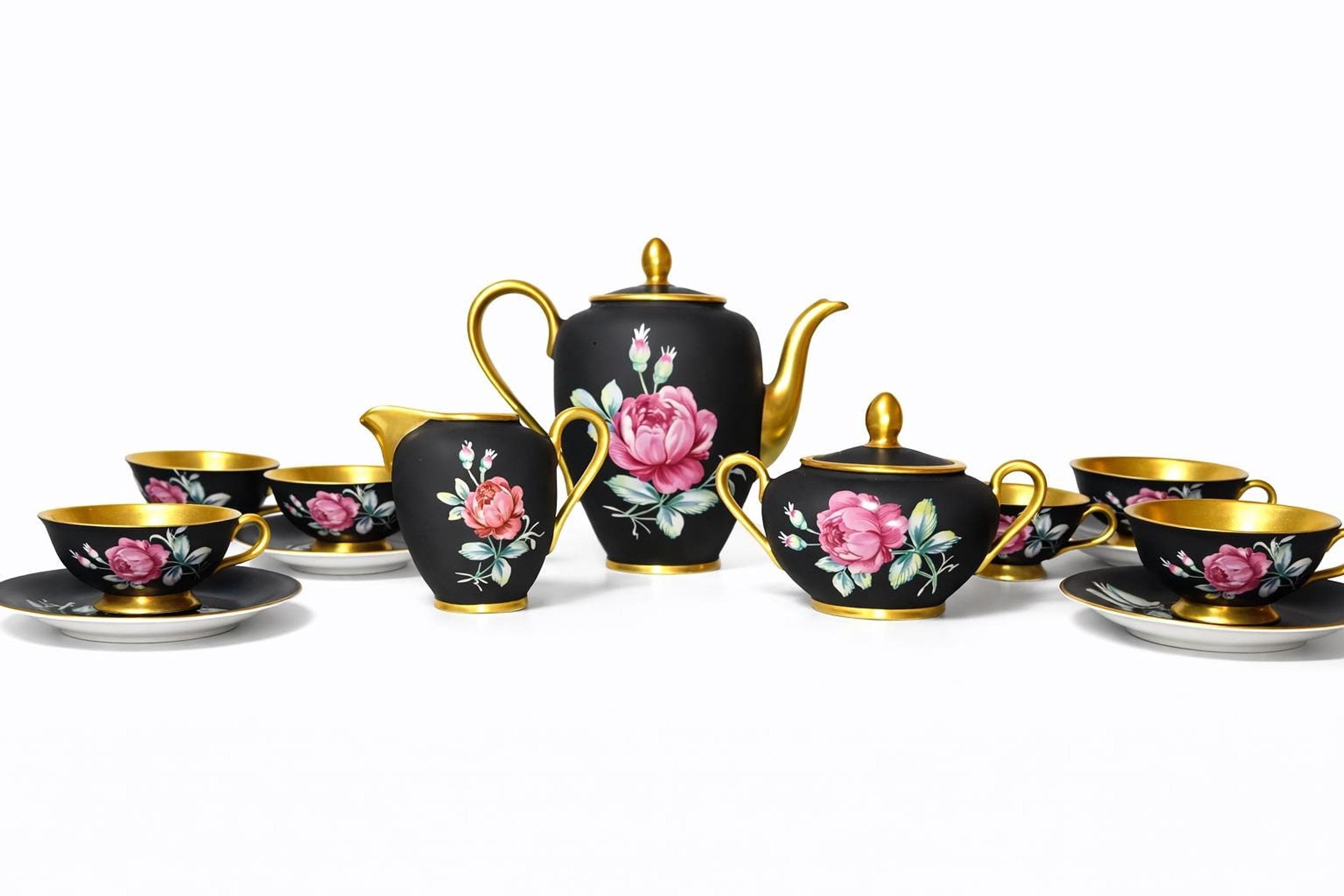 Vintage Tea Set, Bavarian Porcelain with Black Matte Finish and Pink Roses