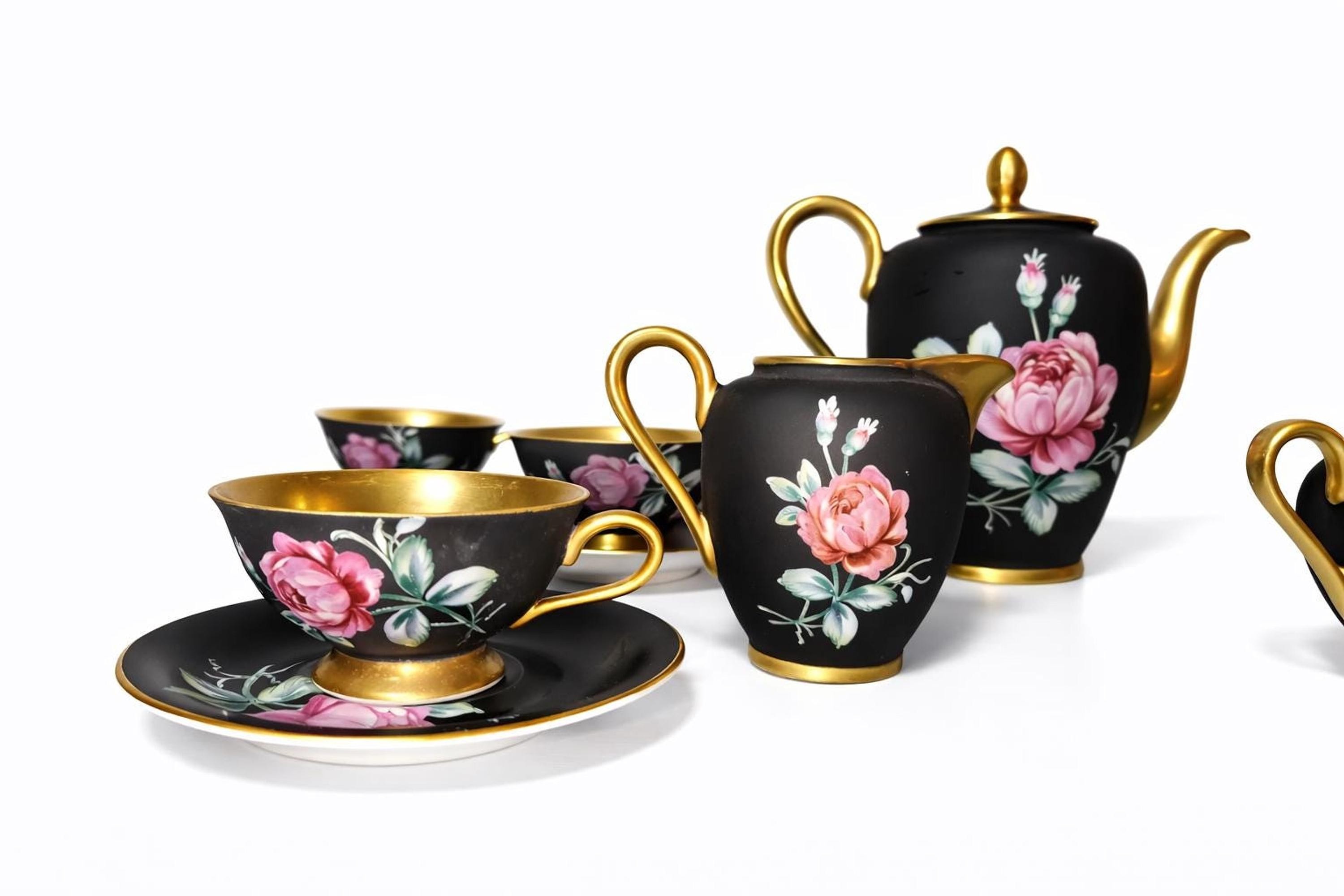 Vintage Tea Set, Bavarian Porcelain with Black Matte Finish and Pink Roses, view 2