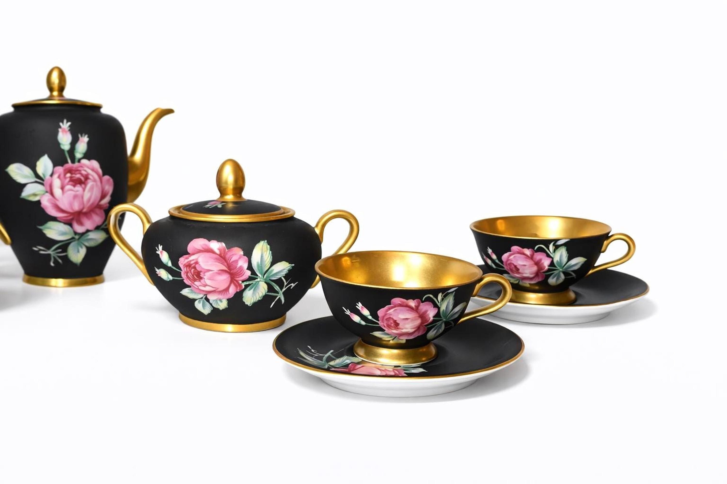 Vintage Tea Set, Bavarian Porcelain with Black Matte Finish and Pink Roses, view 3