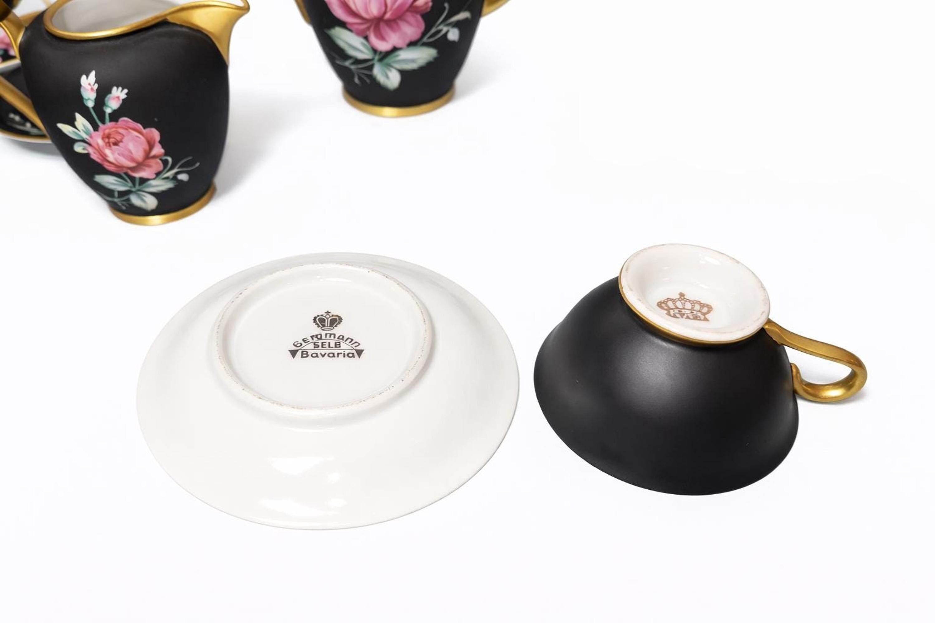 Vintage Tea Set, Bavarian Porcelain with Black Matte Finish and Pink Roses, view 4