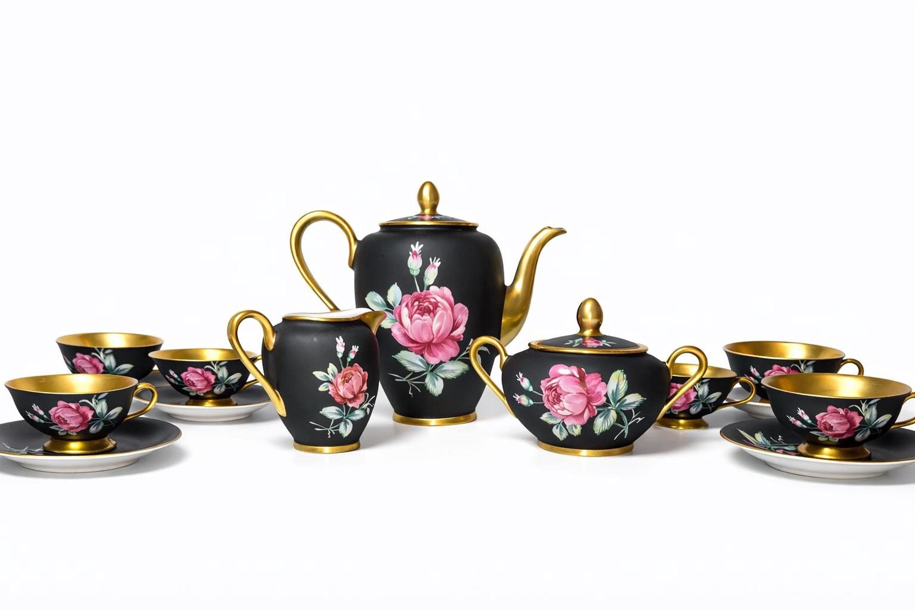 Vintage Tea Set, Bavarian Porcelain with Black Matte Finish and Pink Roses, view 5