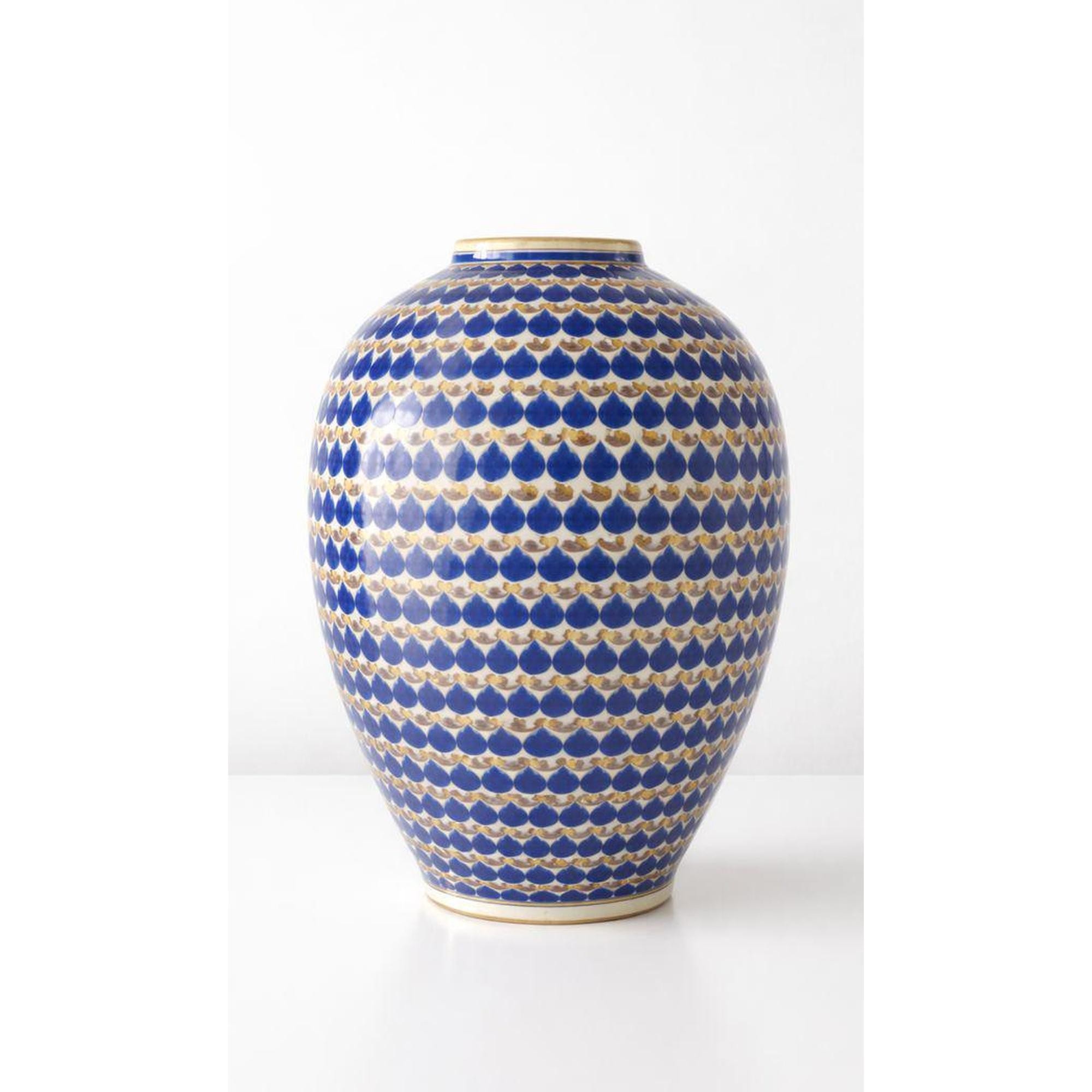 Vintage Ceramic Vase, Blue White Geometric Pottery Accent from the 1980s, view 1